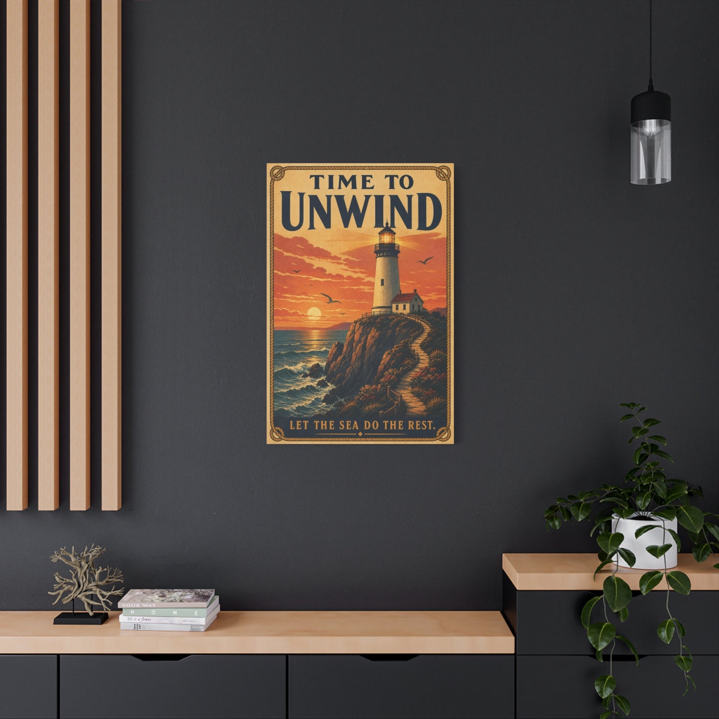 "Time To Unwind Let The Sea Do The Rest" Lighthouse Canvas Wall Art - Vintage Coastal Sunset Seascape Print, Nautical Home Decor, Bedroom Living Room Decoration, Beach House Style - Office Wall Art