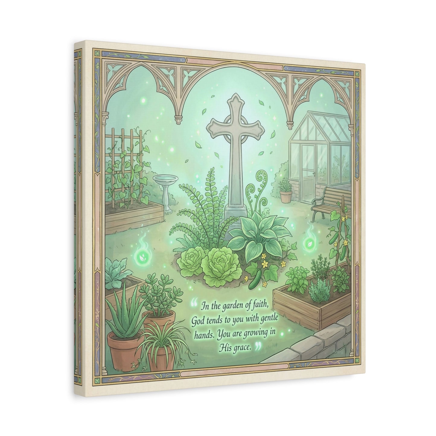 "In The Garden Of Faith" Christian Canvas Wall Art - Cross Garden Quote Print - Botanical Scripture Decor, Matte Cotton Canvas - Traditional Religious Wall Decor For Bedroom Office - Ready to Hang