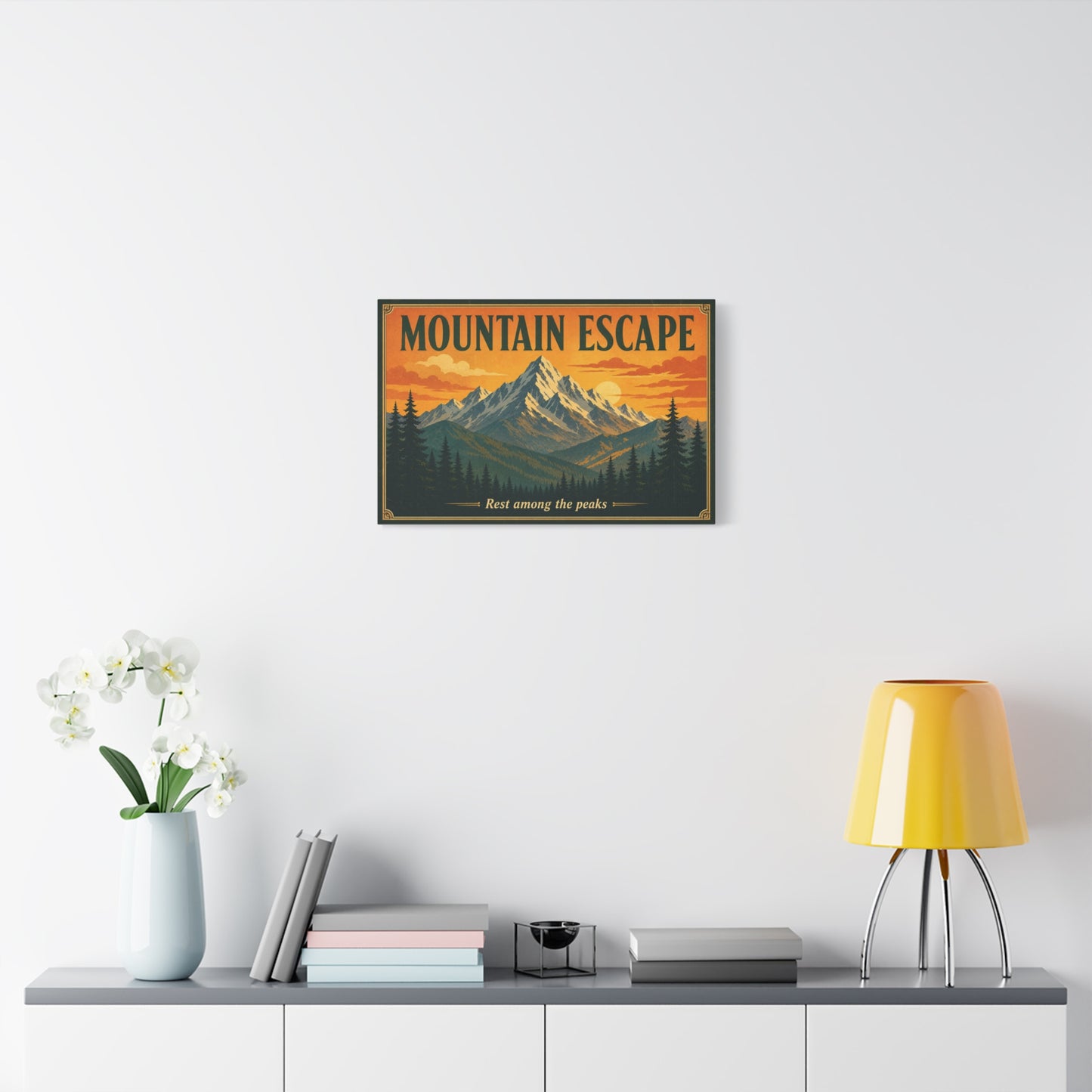 "Mountain Escape" Canvas Wall Art - Vintage Mountain Landscape Print, Sunset Pine Forest Poster Style - "Rest Among The Peaks" - Rustic Cabin Wall Decor, Living Room Home Accent - Ready to Hang