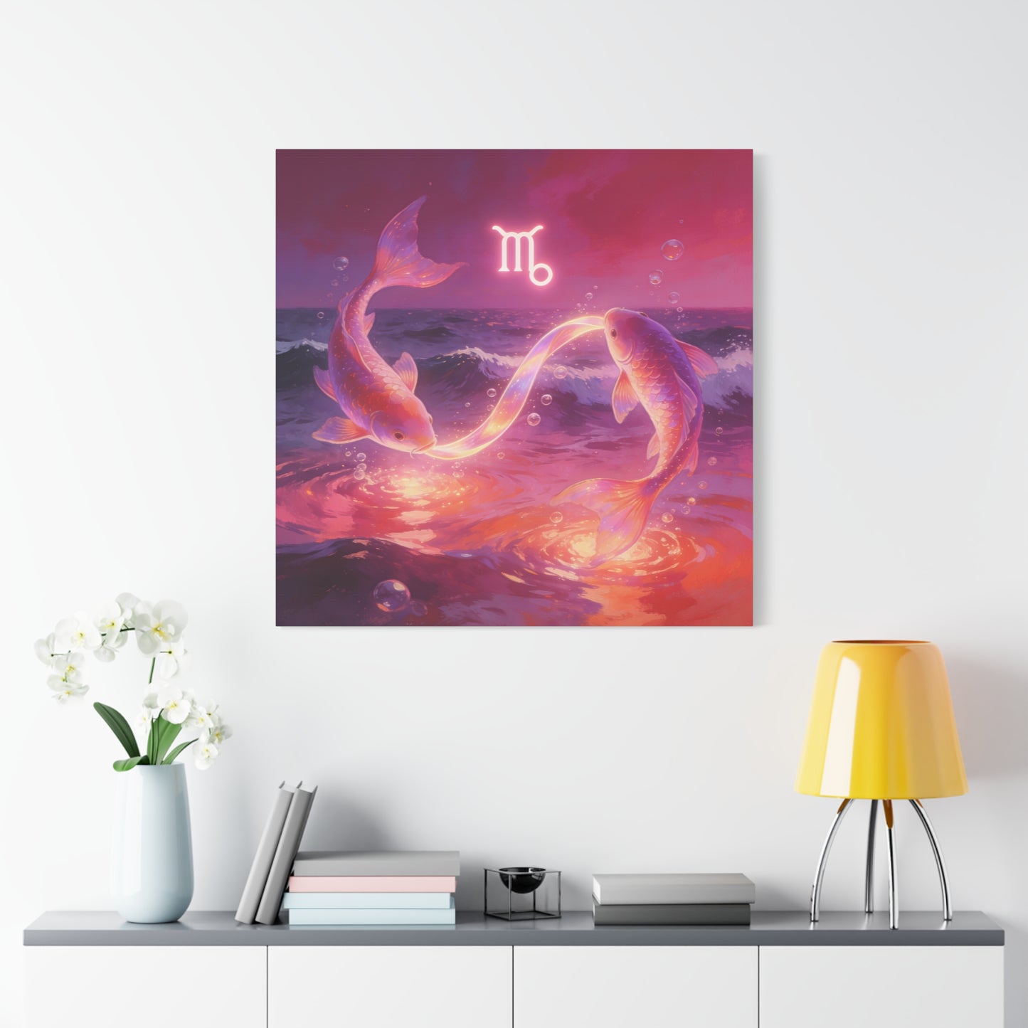 Scorpio Zodiac Canvas Wall Art - Glowing Koi Fish Ocean Illustration, Pink Purple Celestial Water Scene - Modern Fantasy Decor - Bedroom Home Decoration, Living Room Accent - Living Room Wall Decor