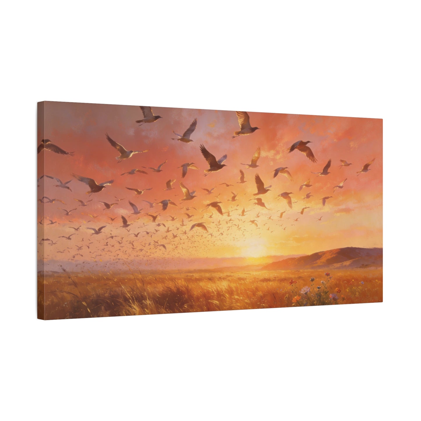 Flock Of Seabirds Canvas Wall Art - Sunset Meadow Landscape Print, Warm Golden Sky, Painterly Nature Scene - Contemporary Style - Living Room Wall Decor Bedroom Decoration - Bedroom Home Decoration