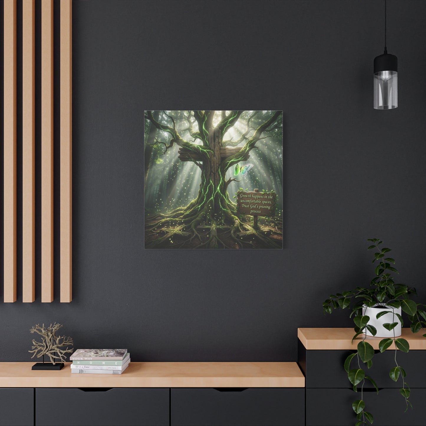 "Growth Happens In The Uncomfortable Spaces, Trust God's Pruning Process" Christian Canvas Wall Art - Forest Tree Cross, Butterfly - Inspirational Rustic Decor - Living Room Wall Decor - Ready to Hang