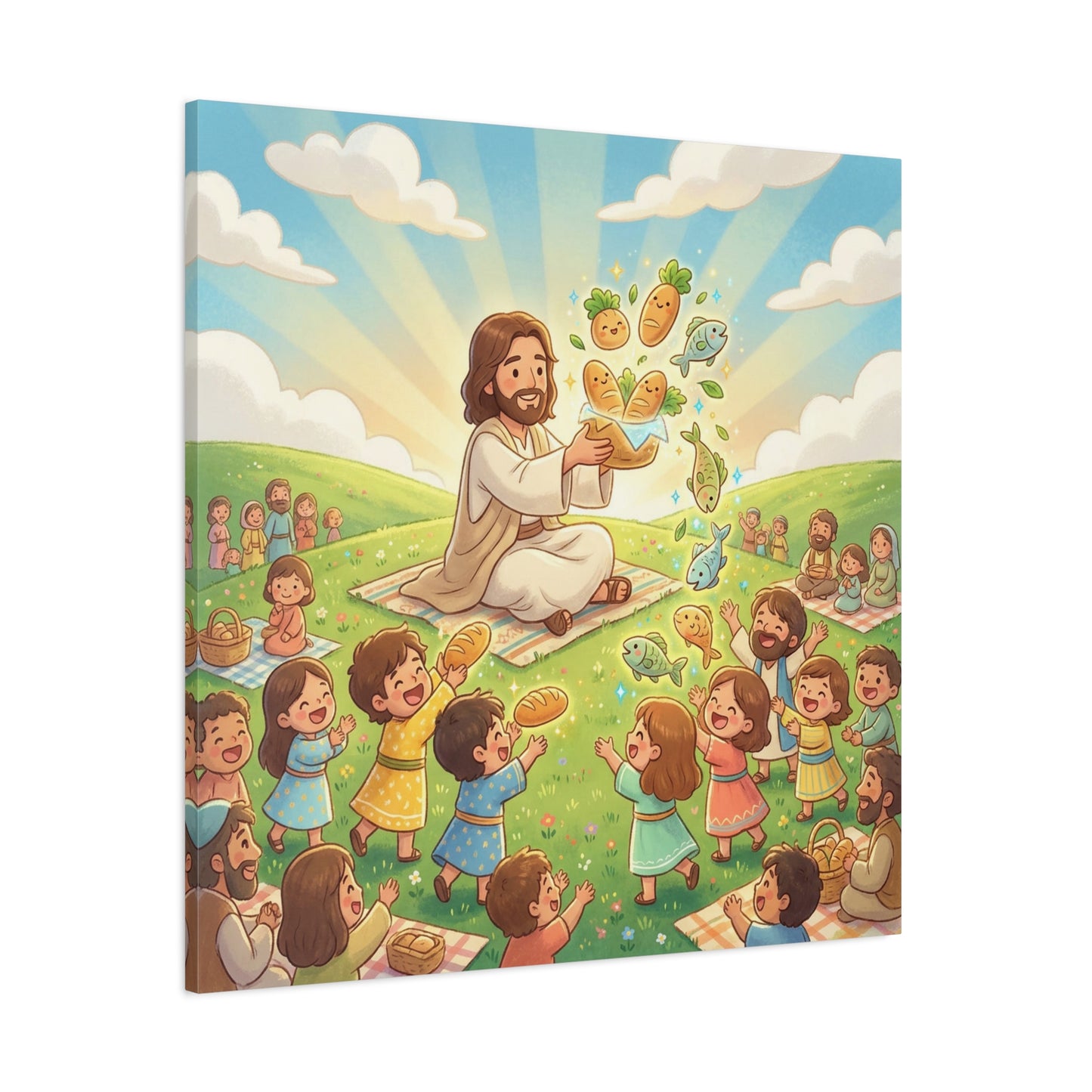 Jesus Feeding Multitude Canvas Wall Art - Loaves And Fish Bible Scene, Christian Nursery Decor - Matte Cotton Print, Kids Room Wall Decor, Sunday School Classroom - Bedroom Home Decoration