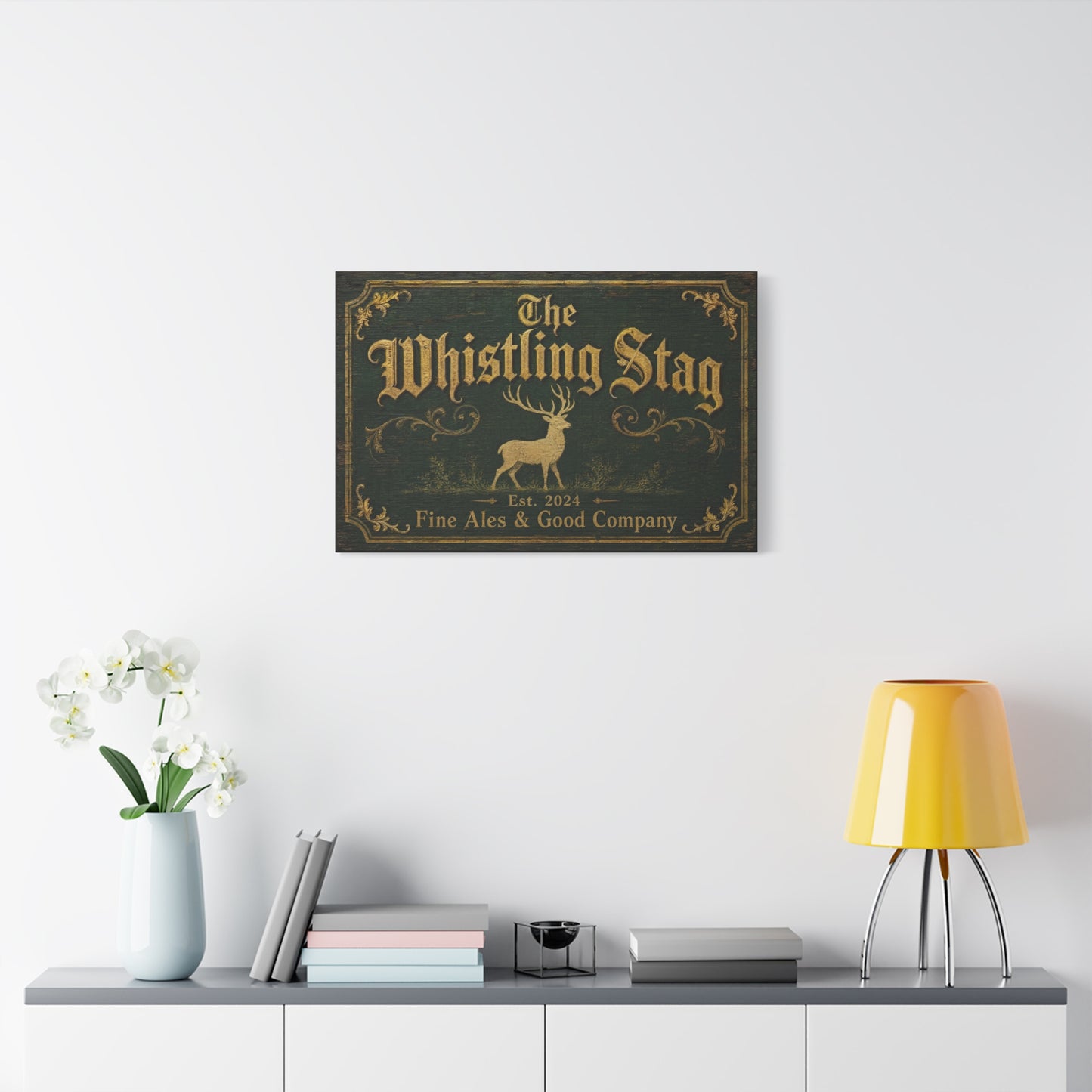 "The Whistling Stag" Canvas Wall Art - Vintage Deer Tavern Sign, Rustic Typography Print - Woodland Pub Style, Green And Gold - Bar Cart Accent - Ready to Hang - Pub Wall Art - Cocktail Lounge Decor