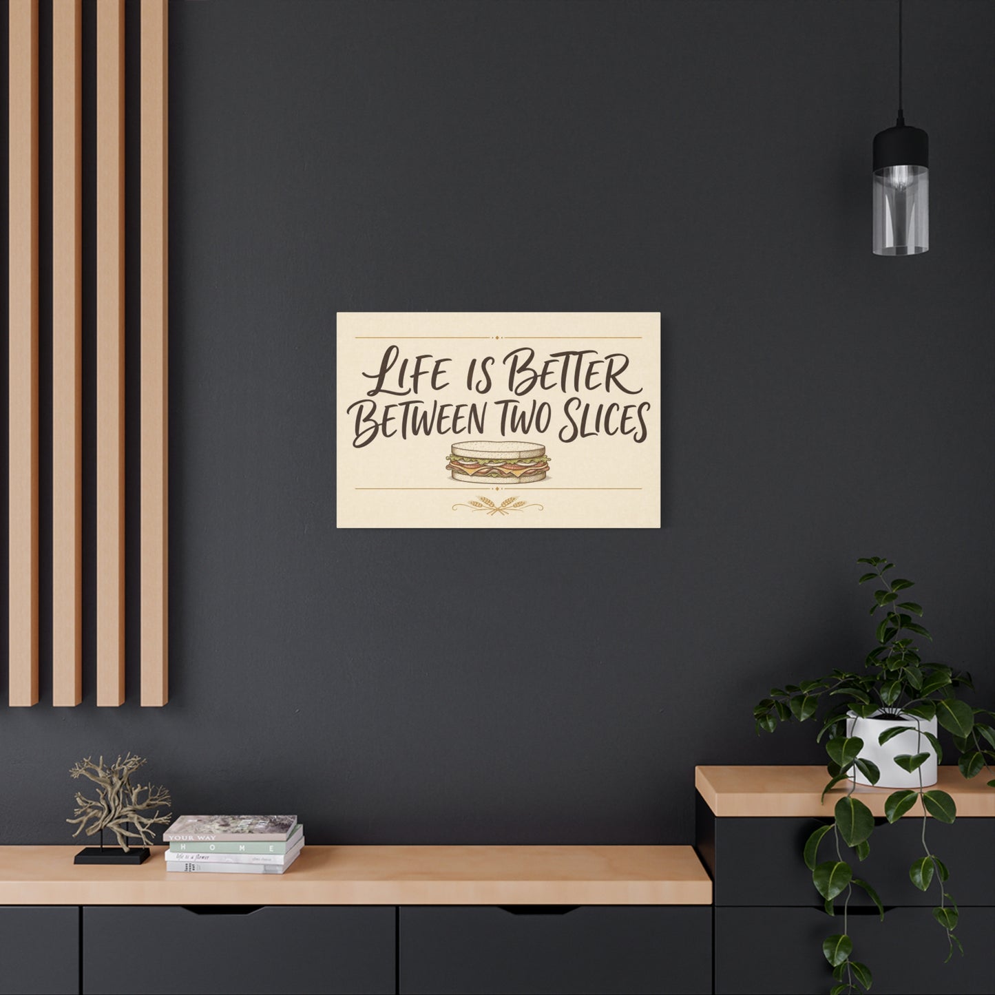 "Life Is Better Between Two Slices" Sandwich Canvas Wall Art - Funny Quote Print, Vintage Farmhouse Style, Beige Food Illustration - Ready to Hang - Ready to Hang - Deli Wall Decor - Diner Decor