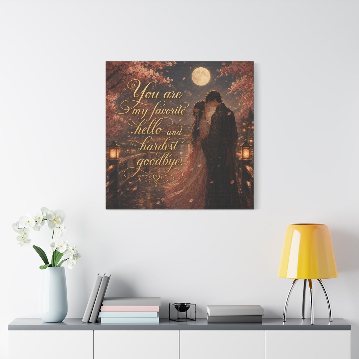 "You Are My Favorite Hello And Hardest Goodbye" Romantic Canvas Wall Art - Moonlit Cherry Blossom Couple, Gold Script Quote Print - Traditional Love Decor, Bedroom Wall Hanging - Cozy Reading Nook Art
