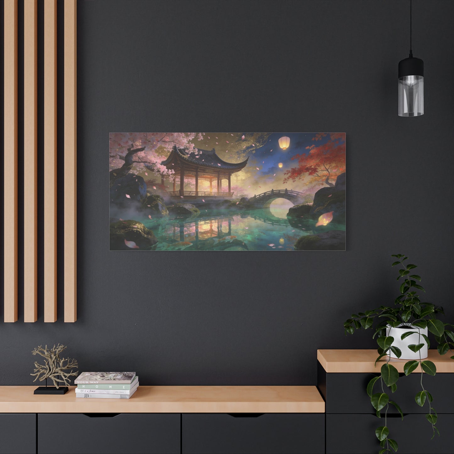 Japanese Garden Pavilion Canvas Wall Art - Cherry Blossom Pond, Lantern Night, Arched Bridge - Serene Traditional Landscape - Living Room Wall Decor, Bedroom Home Decoration - Bedroom Home Decoration