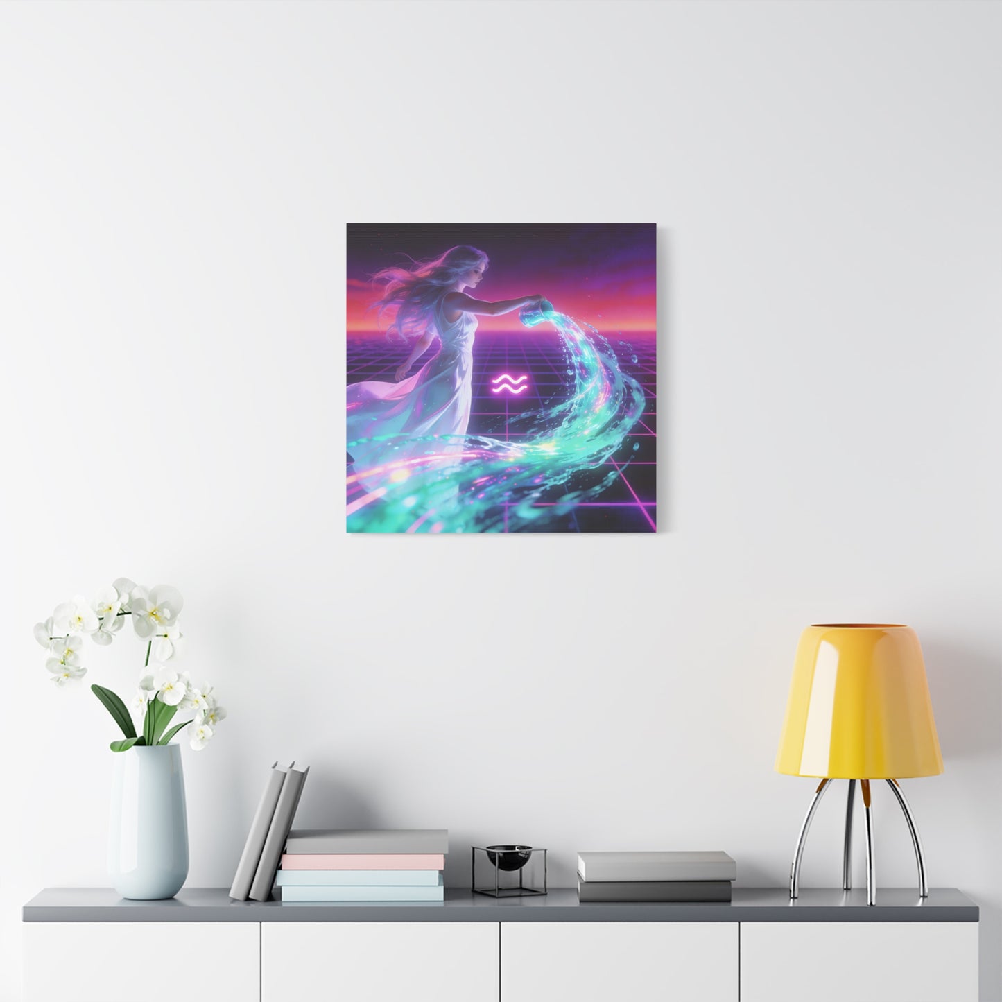 Aquarius Woman Canvas Wall Art - Neon Water Bearer Zodiac Illustration, Retro Synthwave Aesthetic - Matte Canvas Print - Bedroom Wall Decor, Home Office Accent, Mystical Decor - Modern Farmhouse Style
