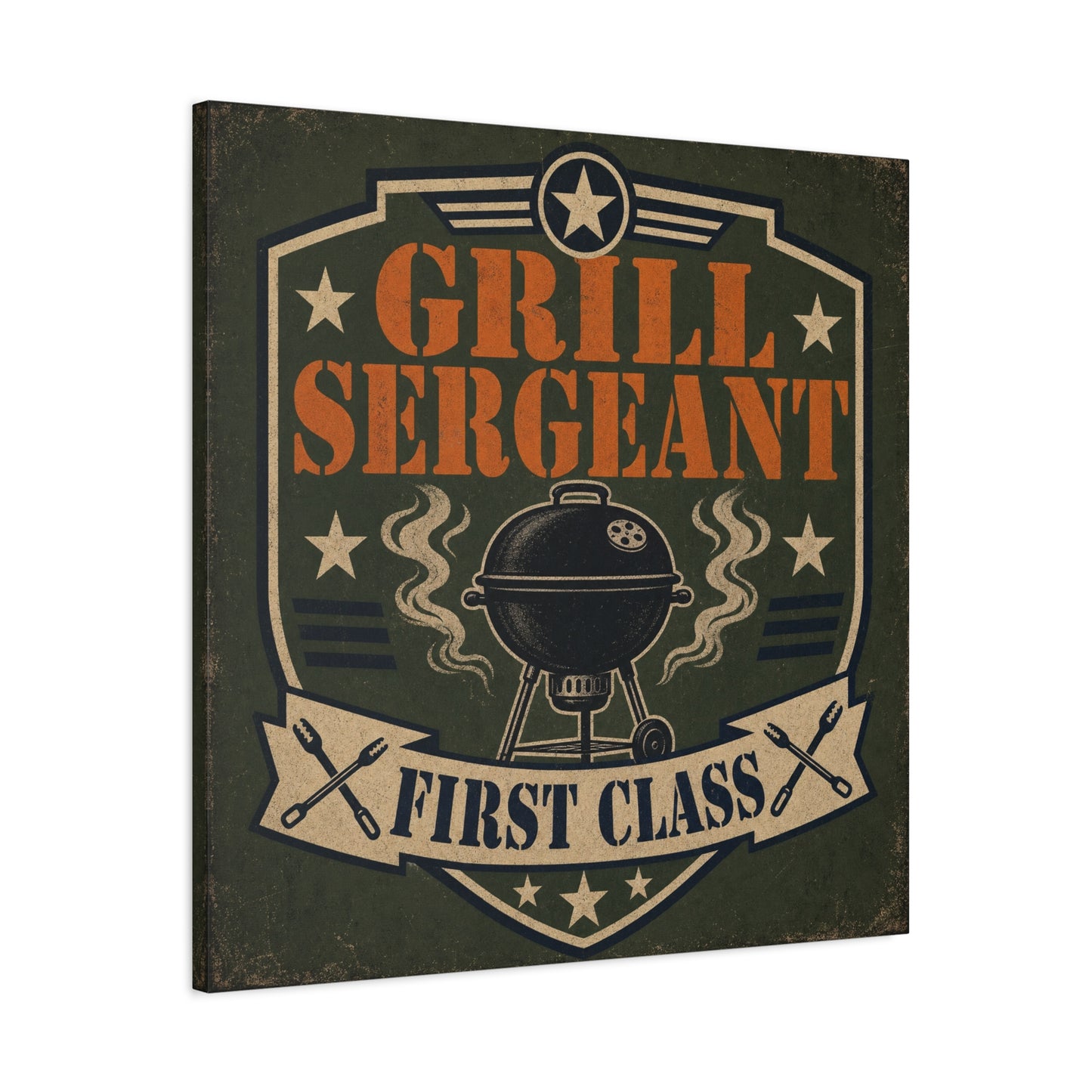 "Grill Sergeant First Class" BBQ Canvas Wall Art - Vintage Grill Badge Sign, Rustic Patriotic Kitchen Decor, Retro Barbecue Poster Style, Man Cave Wall Decor - Ready to Hang - Bedroom Home Decoration