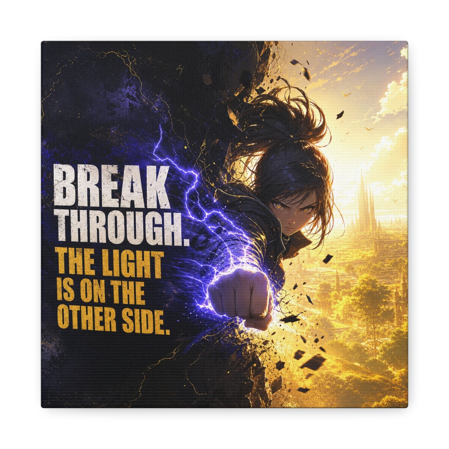 "Break Through. The Light Is On The Other Side." Anime Canvas Wall Art - Motivational Fantasy Girl Poster Print, Dramatic Gold Lightning, Contemporary Bedroom Decor, Teen Room Accent - Office Wall Art