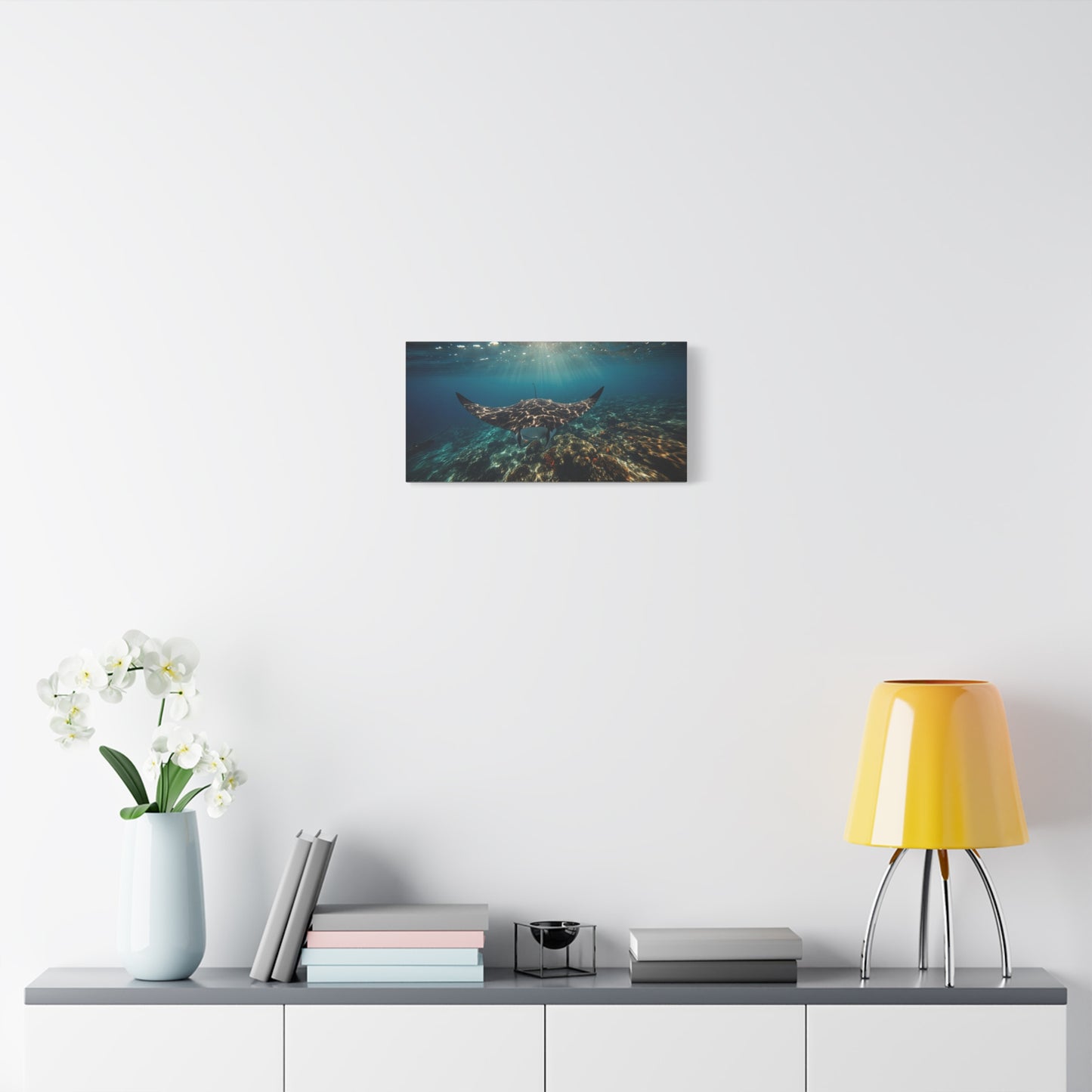 Manta Ray Canvas Wall Art - Underwater Ocean Art Print, Blue Coral Reef Seascape - Matte Cotton Canvas Print - Coastal Wall Decor, Living Room Home Decoration, Office Art - Bedroom Home Decoration