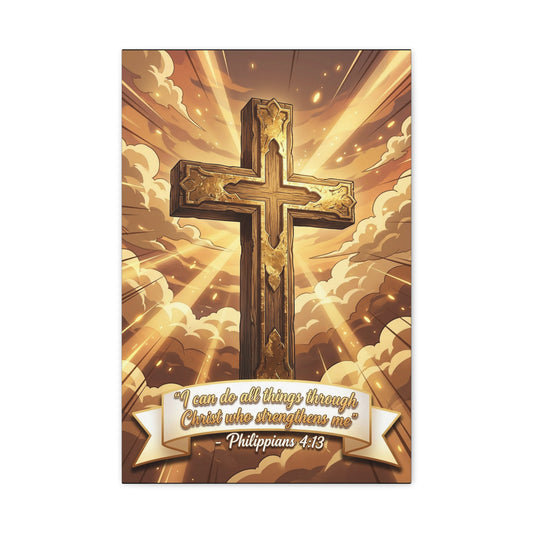 "I Can Do All Things Through Christ Who Strengthens Me" Cross Canvas Wall Art - Philippians 4:13 Scripture Decor, Golden Sky Christian Home Accent, Traditional Bedroom Living Room Decoration