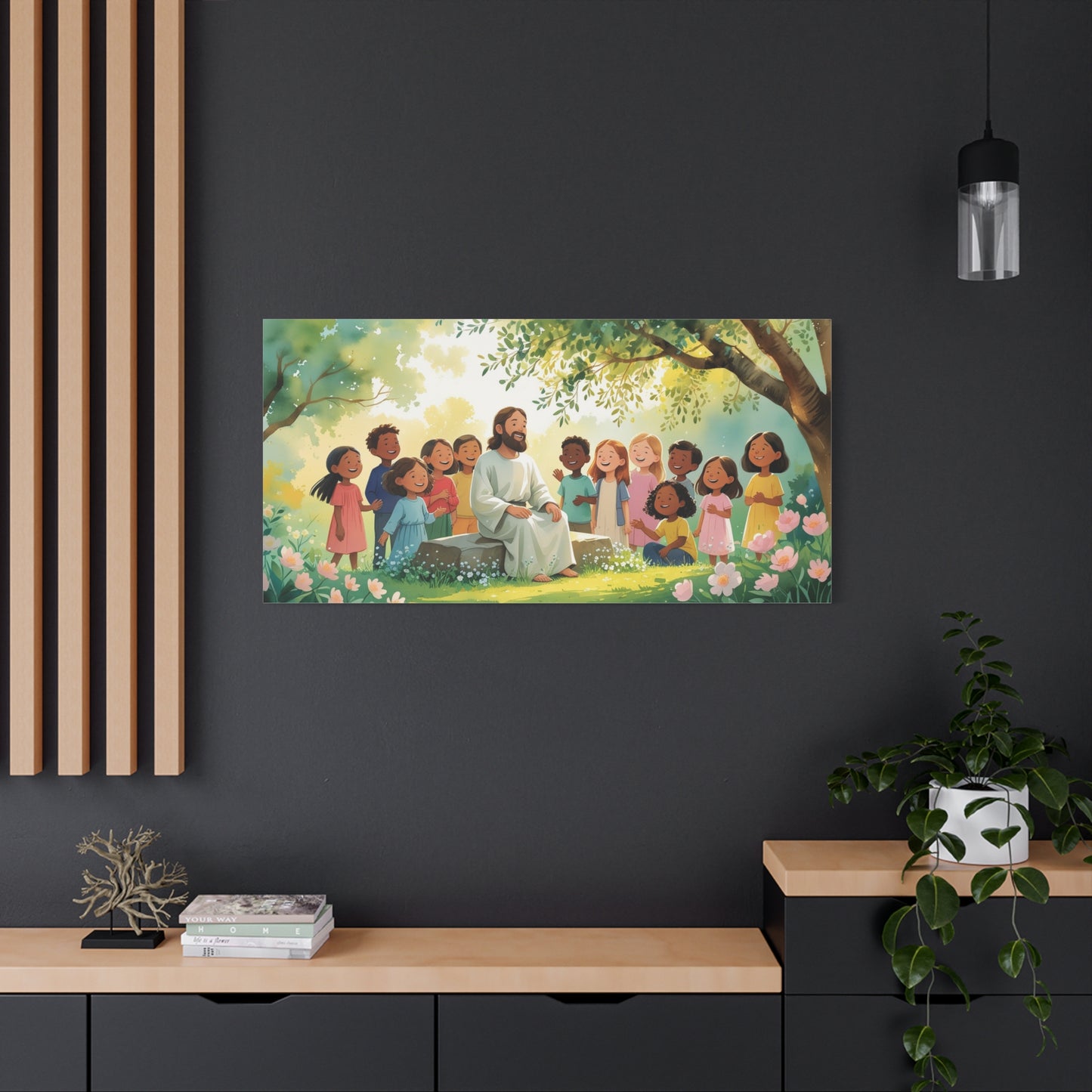 Jesus With Children Canvas Wall Art - Sunlit Garden Faith Illustration, Christian Nursery Decor, Matte Cotton Print, Traditional Style - Kids Room, Classroom, Living Room Wall Decor - Ready to Hang