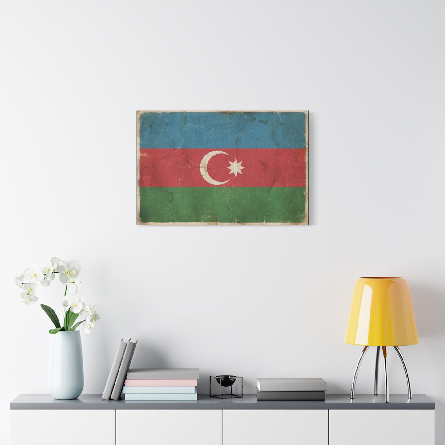Azerbaijan Flag Canvas Wall Art - Vintage Distressed Crescent Star Print - Patriotic Heritage Decor, Rustic Style, Living Room Wall Decor, Office Art - Bedroom Home Decoration - Modern Farmhouse Style