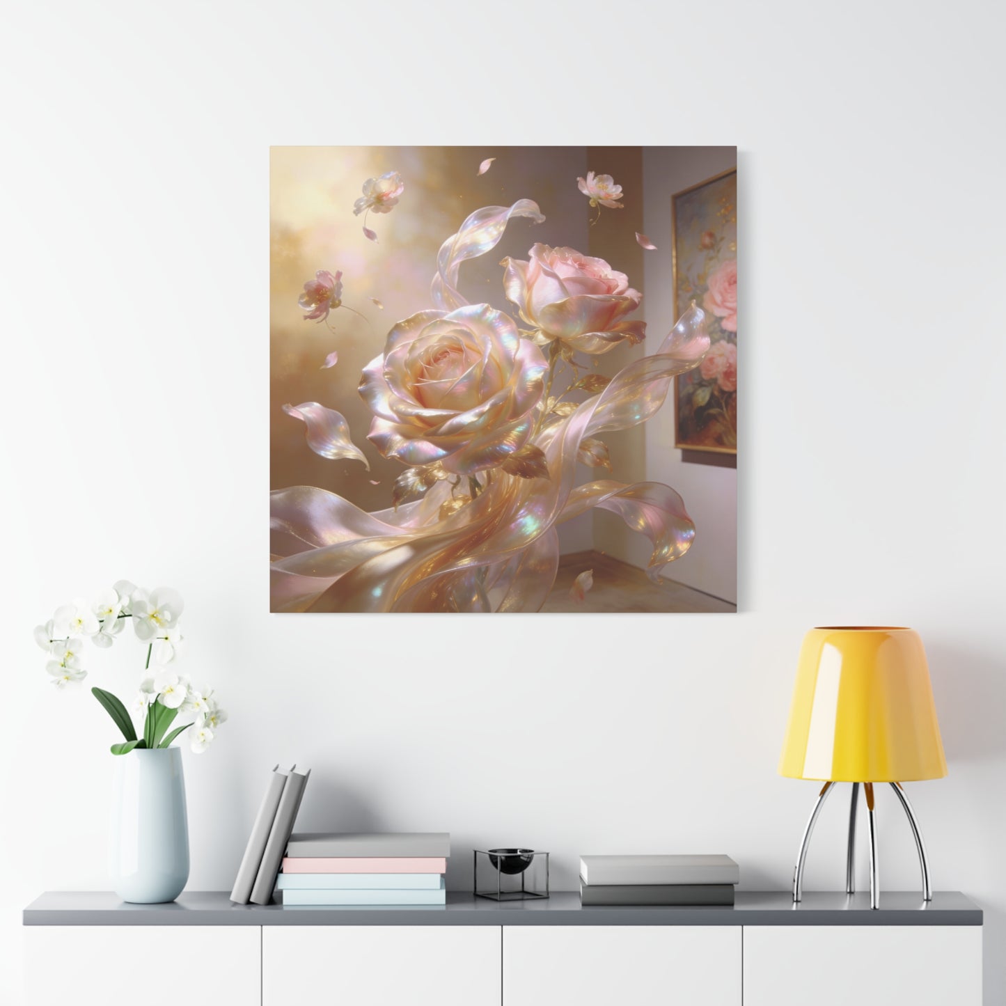 Iridescent Pink Rose Canvas Wall Art - Pearlescent Floral Wall Decor, Dreamy Botanical Home Decoration - Luminous Matte Canvas Print - Romantic Contemporary Style, Bedroom Accent - Ready to Hang