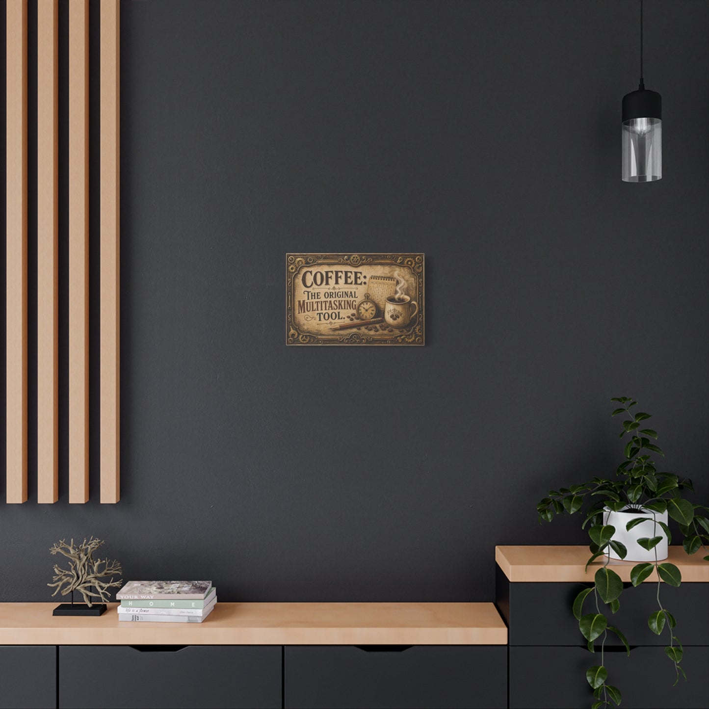 "Coffee: The Original Multitasking Tool." Canvas Wall Art - Vintage Coffee Cup Quote Print, Rustic Wall Decor, Steampunk Style, Cafe Accent - Ready to Hang - Bistro Decor - Espresso Bar Sign
