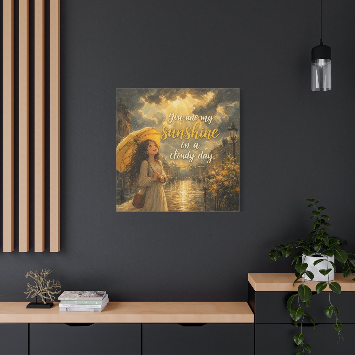 "You Are My Sunshine On A Cloudy Day" Canvas Wall Art - Girl With Yellow Umbrella Quote Print - Golden Rainy Street Painting, Inspirational Decor - Bedroom Home Decoration - Living Room Wall Decor