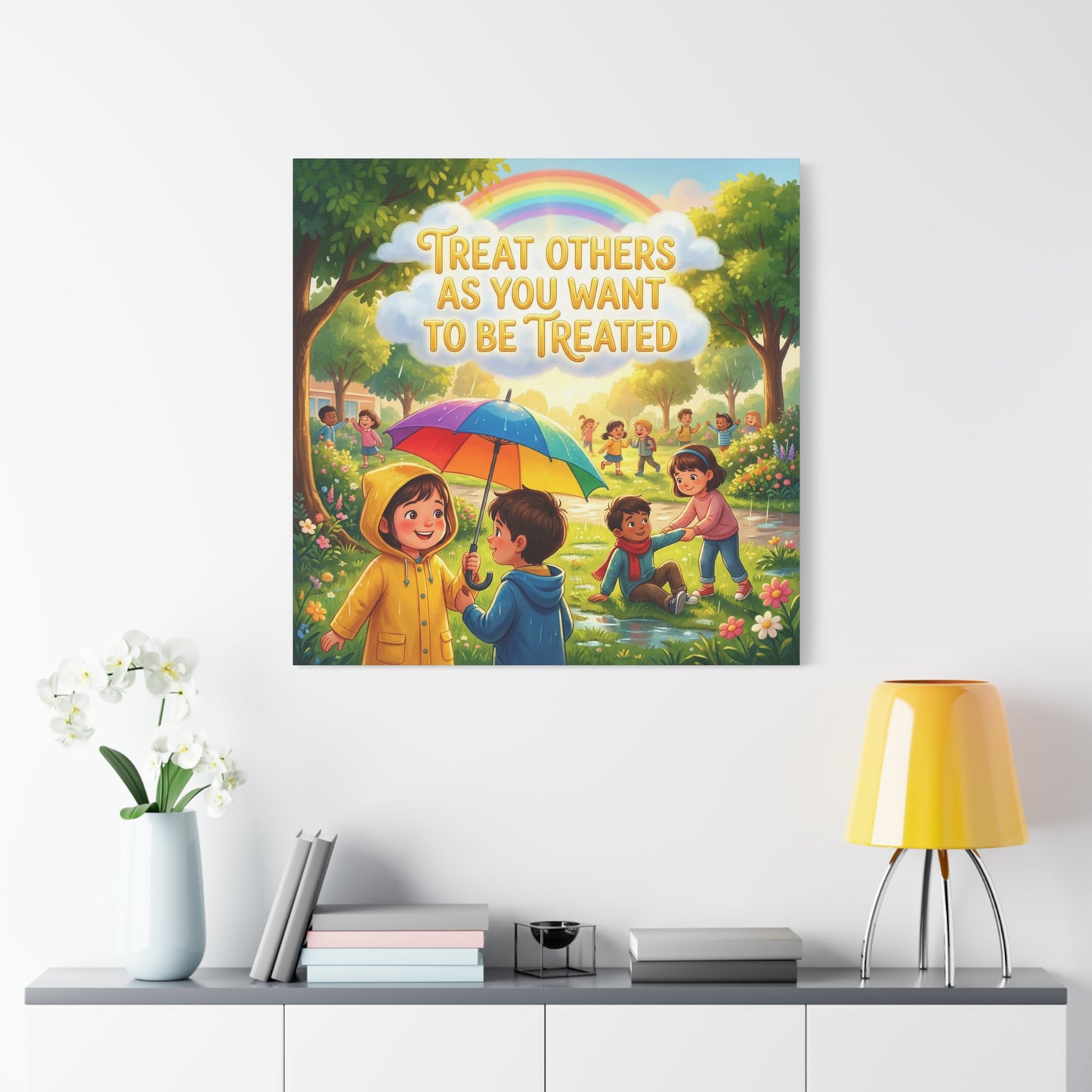 "Treat Others As You Want To Be Treated" Kids Canvas Wall Art - Rainbow Umbrella Kindness Quote Print - Colorful Classroom Decor - Nursery Playroom Bedroom Home Decoration - Bohemian Wall Hanging