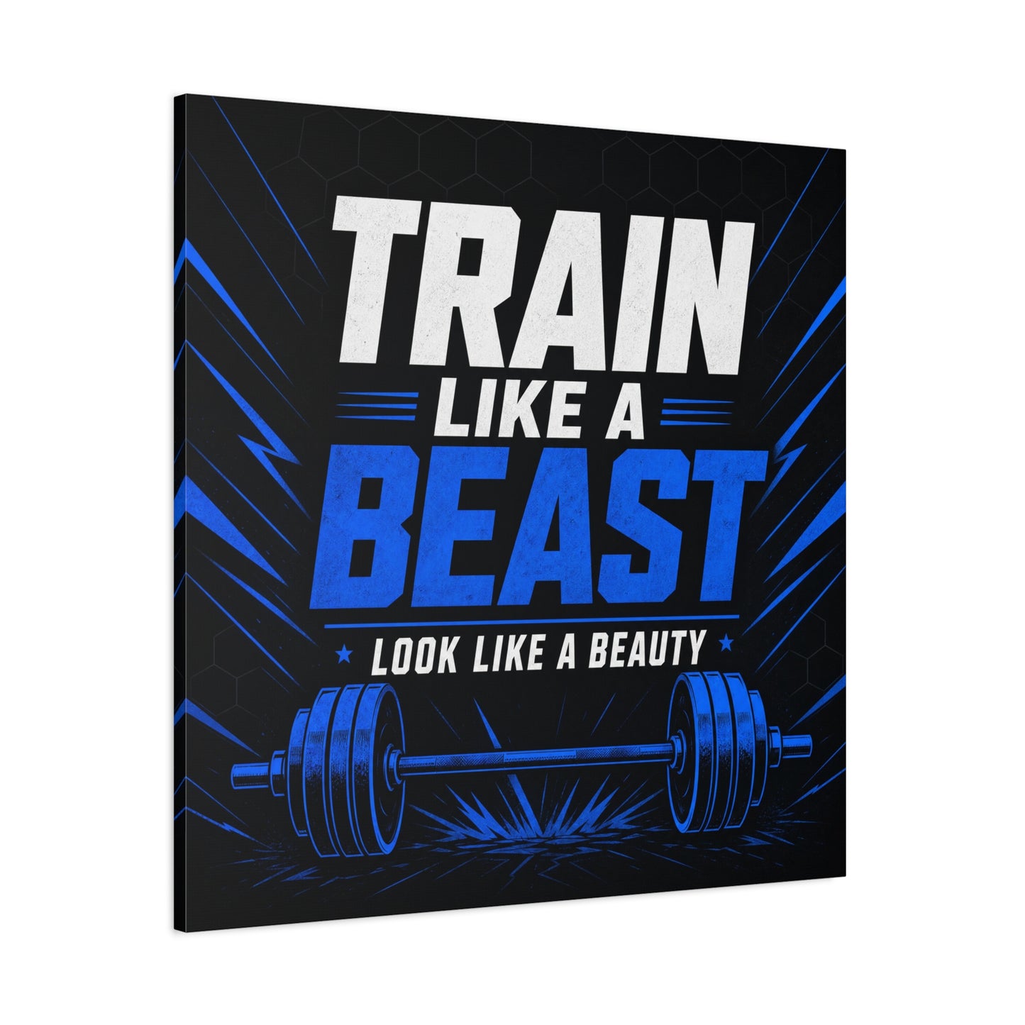 "Train Like A Beast Look Like A Beauty" Gym Canvas Wall Art - Blue Black Barbell Typography Motivational Fitness Decor - Modern Sports Quote Print - Ready to Hang - Living Room Wall Decor