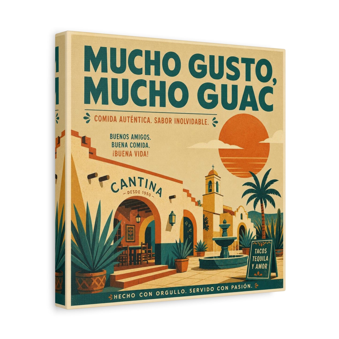 "Mucho Gusto, Mucho Guac" Cantina Canvas Wall Art - Mexican Restaurant Typography Print, Vintage Desert Courtyard Illustration, Cafe Wall Decor, Tequila Bar Sign, Workspace Accent - Ready to Hang