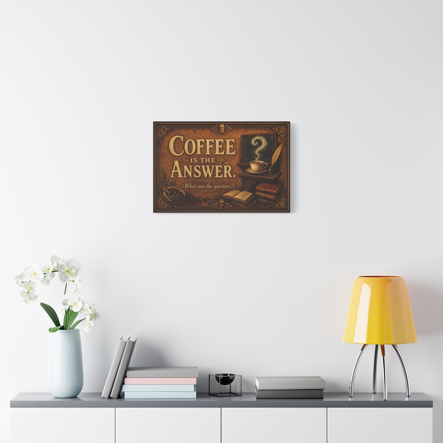 Coffee Is The Answer. What Was The Question Canvas Wall Art - Vintage Coffee Cup, Books, Bean Sack Decor - Rustic Typography Print - Cafe Interior, Study Room Decoration - Cafe Wall Art - Bistro Decor