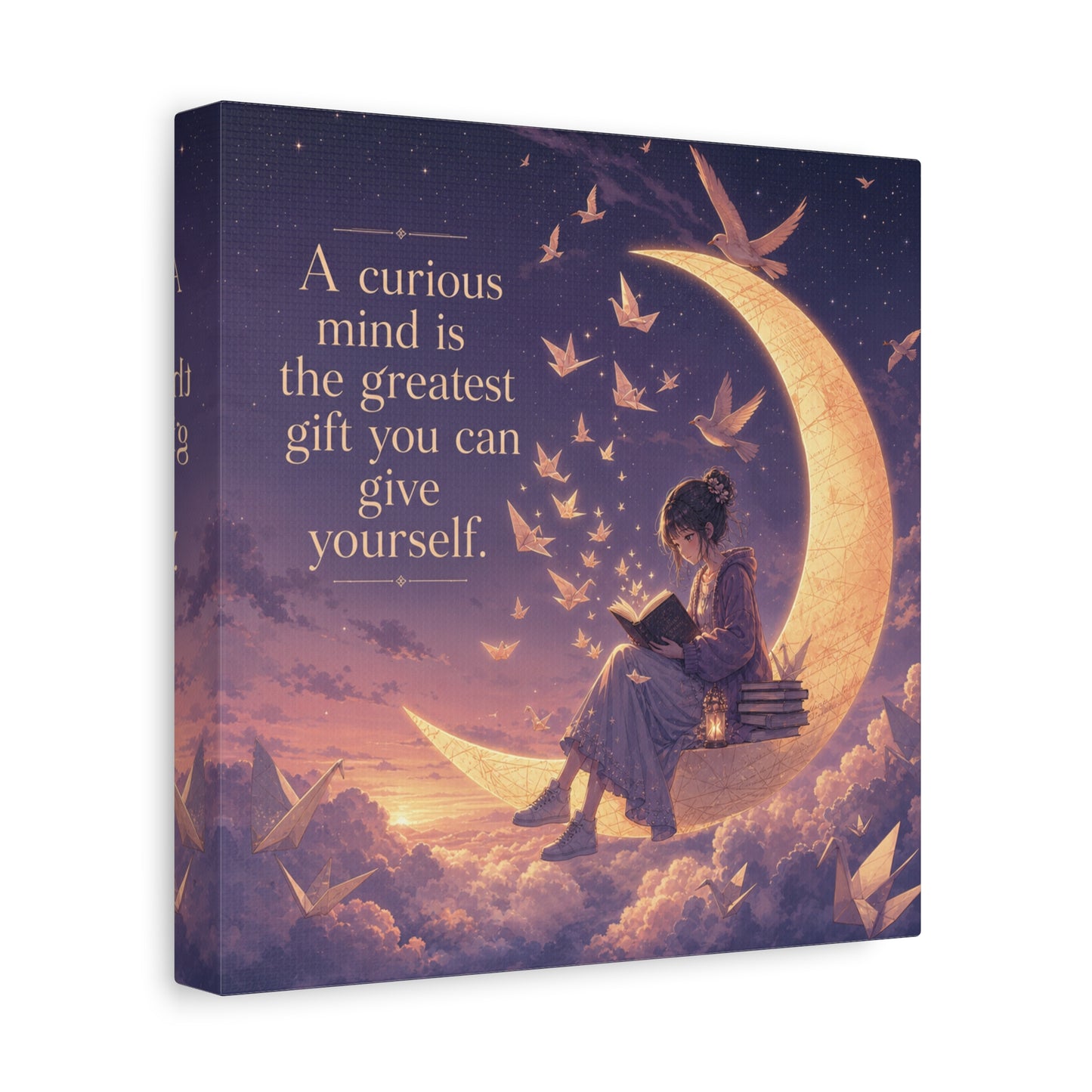 "A Curious Mind Is The Greatest You Can Give Yourself" Canvas Wall Art - Moon Reading Girl Quote Print, Dreamy Celestial Illustration - Bedroom Wall Decor, Home Office Accent - Ready to Hang