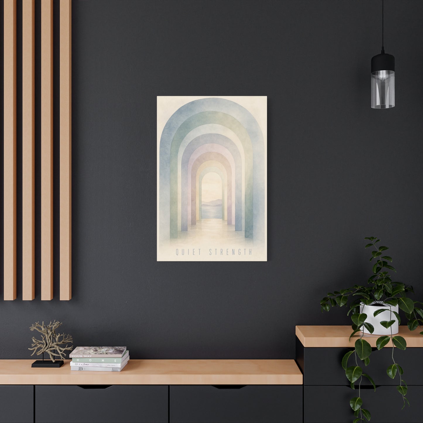 "Quiet Strength" Rainbow Arch Canvas Wall Art - Pastel Abstract Landscape Print, Minimalist Boho Home Decor - Serene Bedroom Wall Hanging, Nursery Room Decoration, Meditation Space - Ready to Hang