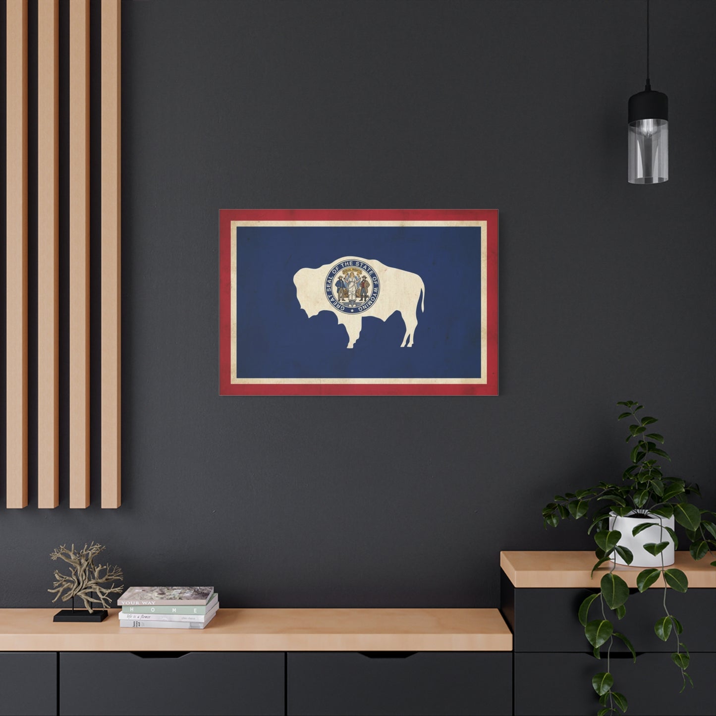 Wyoming State Flag Canvas Wall Art - Great Seal Of The State Of Wyoming Buffalo Print - Vintage Patriotic Western Decor - Rustic Americana Style - Living Room Wall Decor - Bedroom Home Decoration