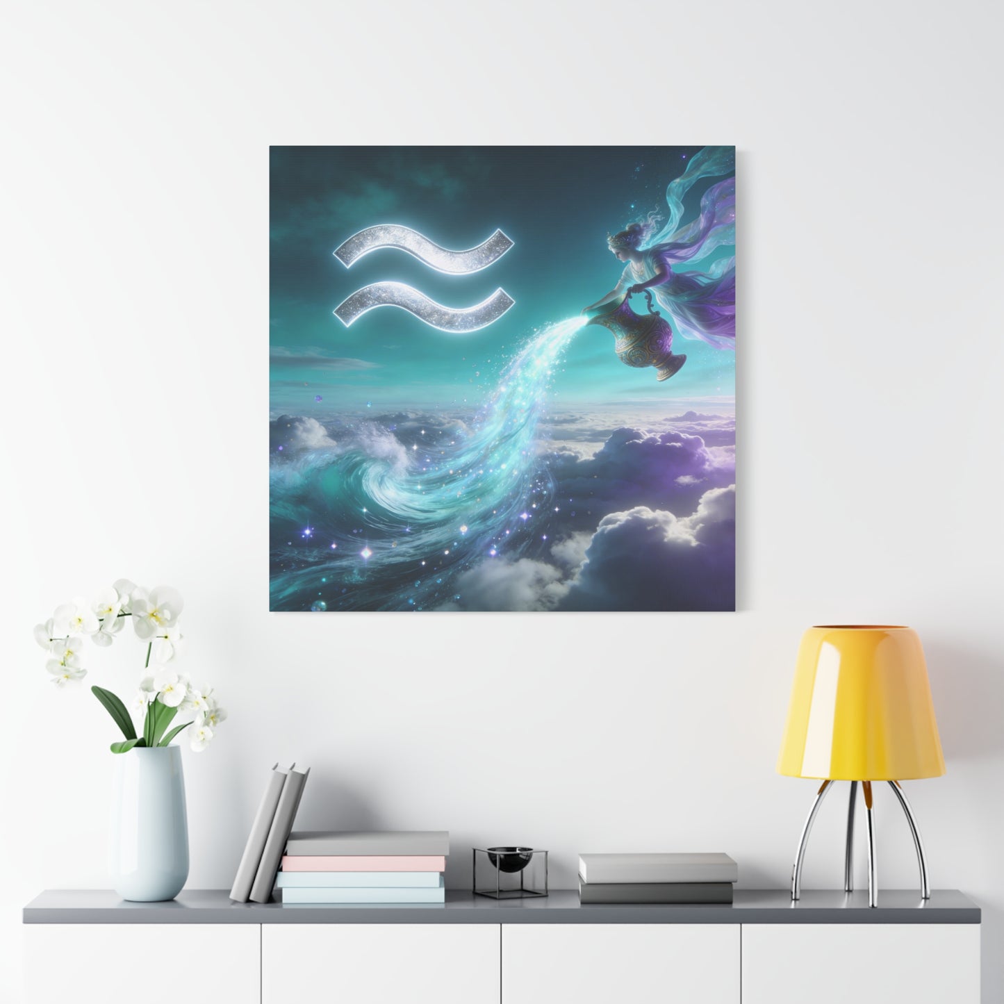 Aquarius Zodiac Canvas Wall Art - Celestial Water Bearer Fantasy Illustration, Matte Canvas Print - Mystical Blue Purple Decor, Bedroom Home Decoration, Office Wall Art - Bedroom Home Decoration