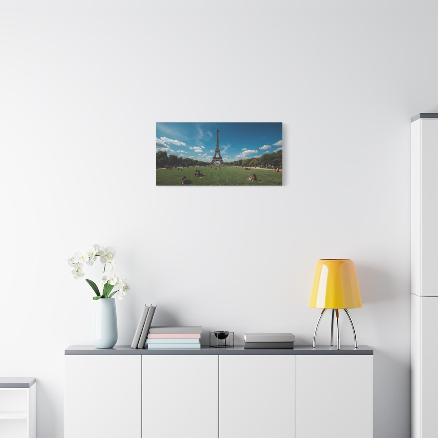 Eiffel Tower Canvas Wall Art Paris Landmark Art Print - Blue Sky, Green Lawn, Travel Cityscape Decor - Matte Cotton Artwork - Living Room Wall Decor, Office Art Accent - Bedroom Home Decoration
