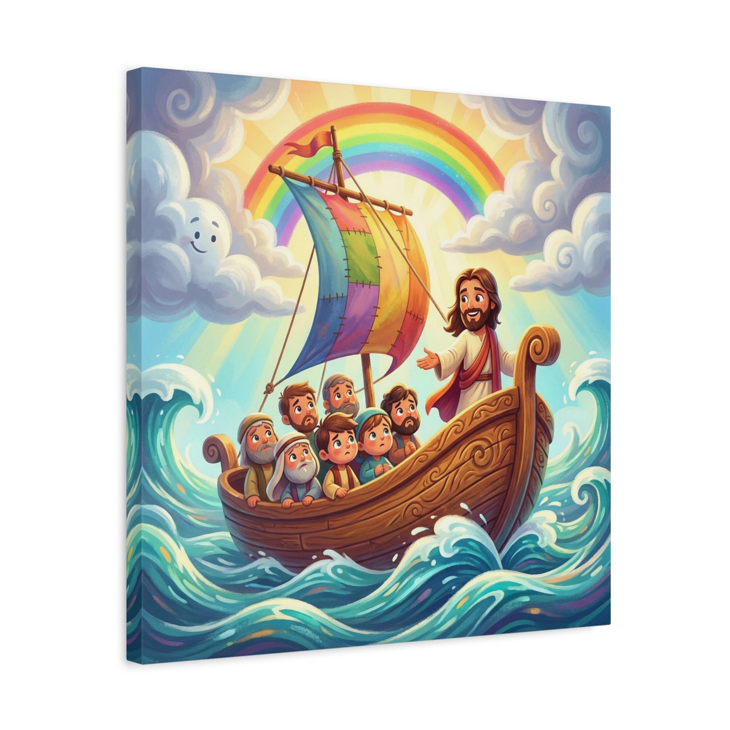 Jesus Boat Canvas Wall Art - Rainbow Sail, Disciples At Sea, Christian Nursery Decor - Matte Cotton Print - Whimsical Religious Style For Kids Bedroom Playroom Home Decoration - Living Room Wall Decor