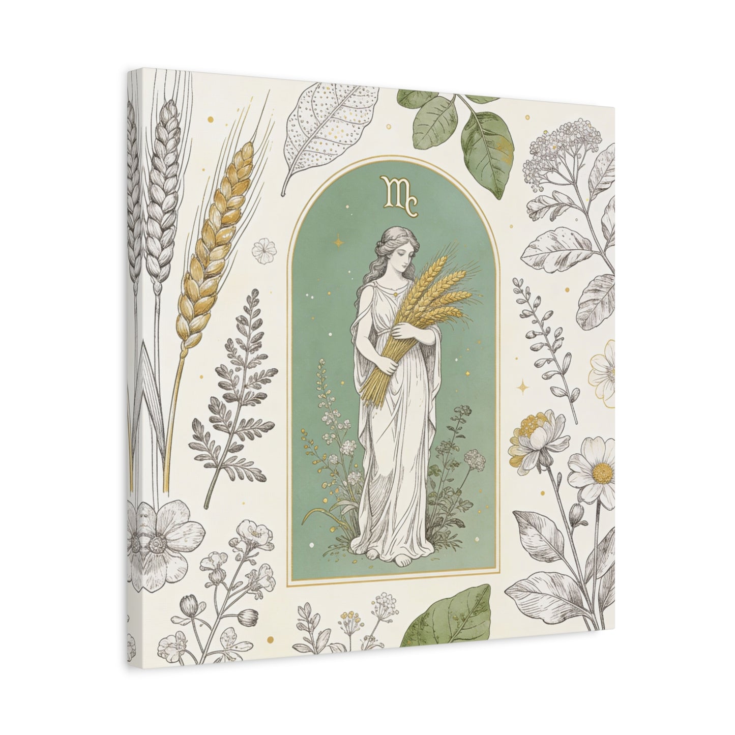 Virgo Zodiac Canvas Wall Art - Botanical Maiden Holding Wheat, Celestial Illustration - Sage Green Gold Cotton Print - Vintage Astrology Decor, Bedroom Wall Hanging Accent - Bedroom Home Decoration