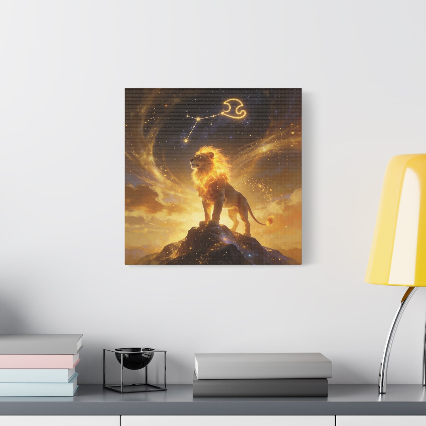 Leo Zodiac Lion Canvas Wall Art - Celestial Astrology Constellation Print, Glowing Gold Cosmic Sky - Fantasy Style, Living Room Wall Decor Bedroom Home Decoration Office Art - Bedroom Home Decoration