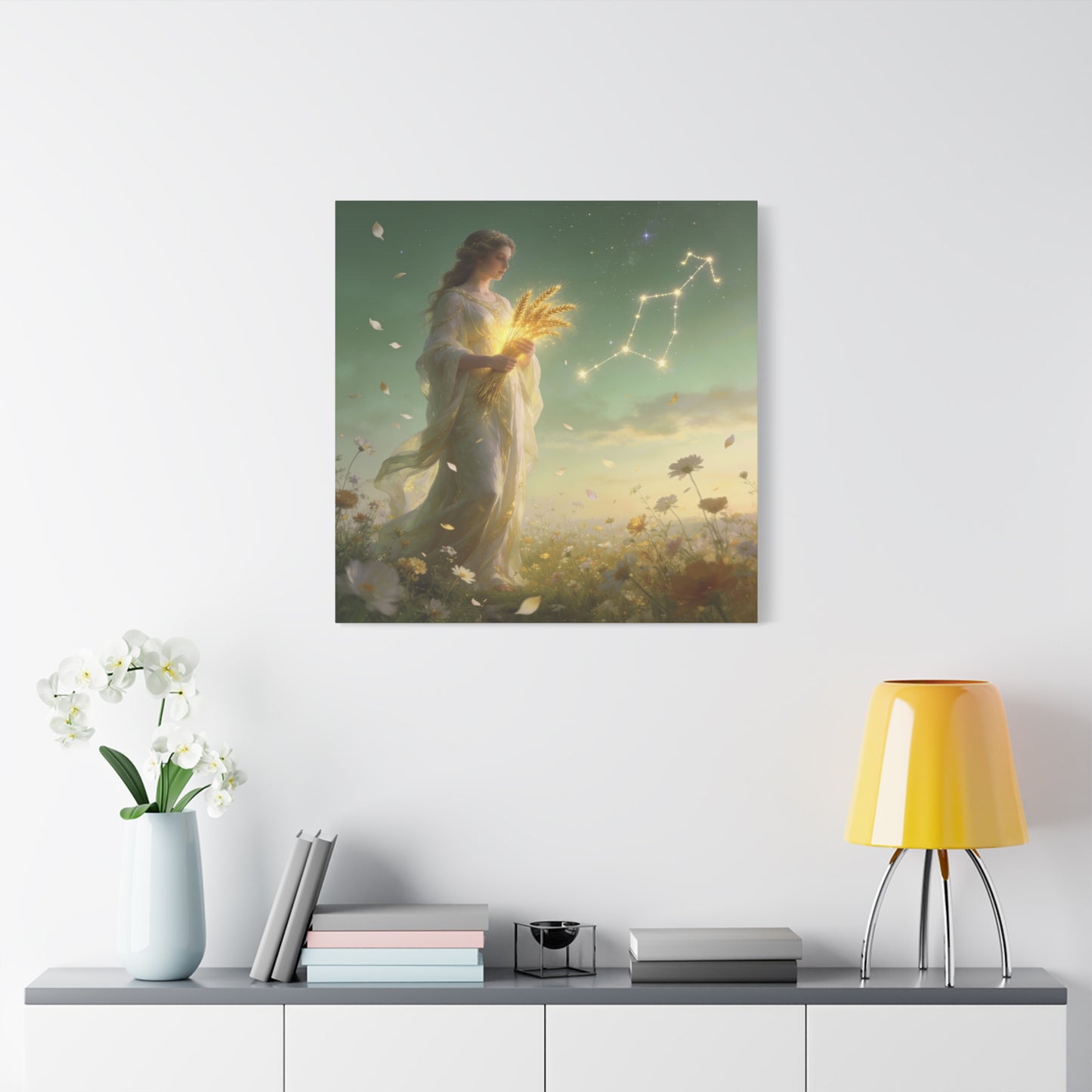 Virgo Maiden Canvas Wall Art - Celestial Wheat Goddess Illustration, Luminous Zodiac Sky, Matte Cotton Print, Bohemian Bedroom Decor, Meditation Space Accent, Ready To Hang - Living Room Wall Decor