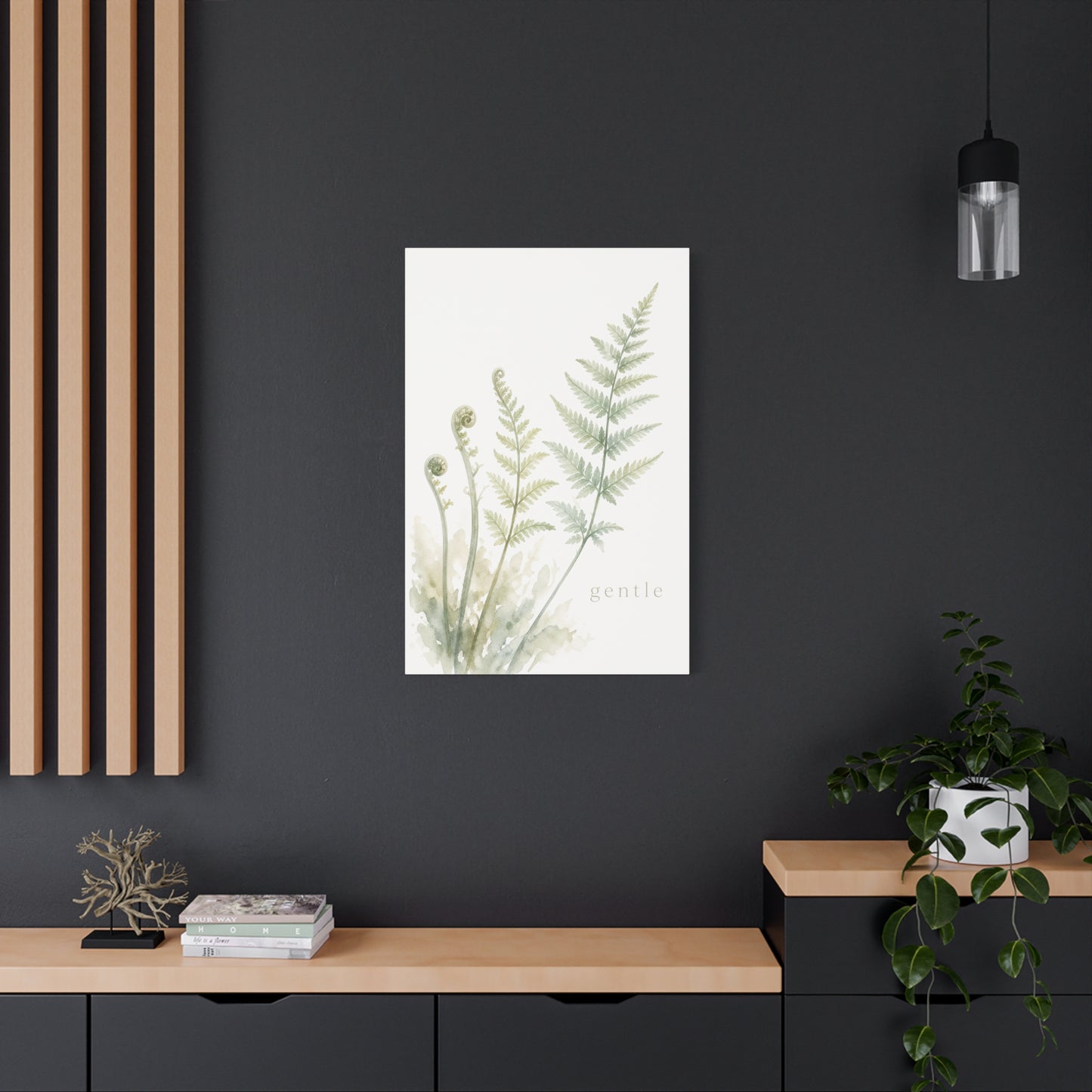 "Gentle" Fern Botanical Canvas Wall Art - Watercolor Green Leaf Print, Minimalist Nature Decor - Calming Bedroom Wall Decor, Bathroom Decoration, Spa Style Home Accent - Bedroom Home Decoration