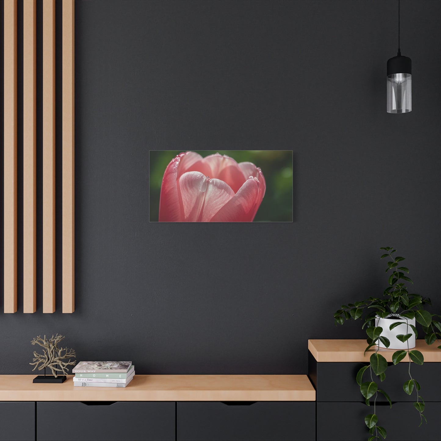 Pink Tulip Canvas Wall Art - Macro Floral Art Print, Dew Drop Petals - Matte Botanical Print - Contemporary Nature Style - Bedroom Wall Decor, Bathroom Home Accent - Bedroom Home Decoration