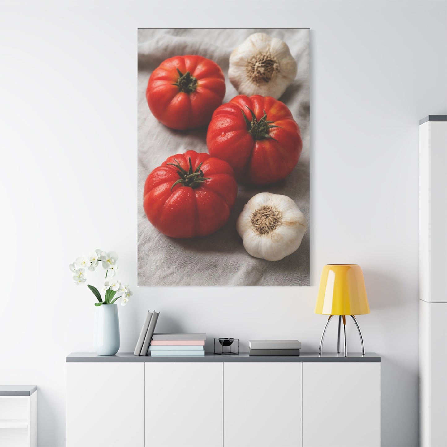 Heirloom Tomato Still Life Canvas Wall Art - Garlic Kitchen Food Art Print - Rustic Matte Canvas Decor - Farmhouse Dining Room Accent, Contemporary Culinary Wall Decor - Modern Farmhouse Style