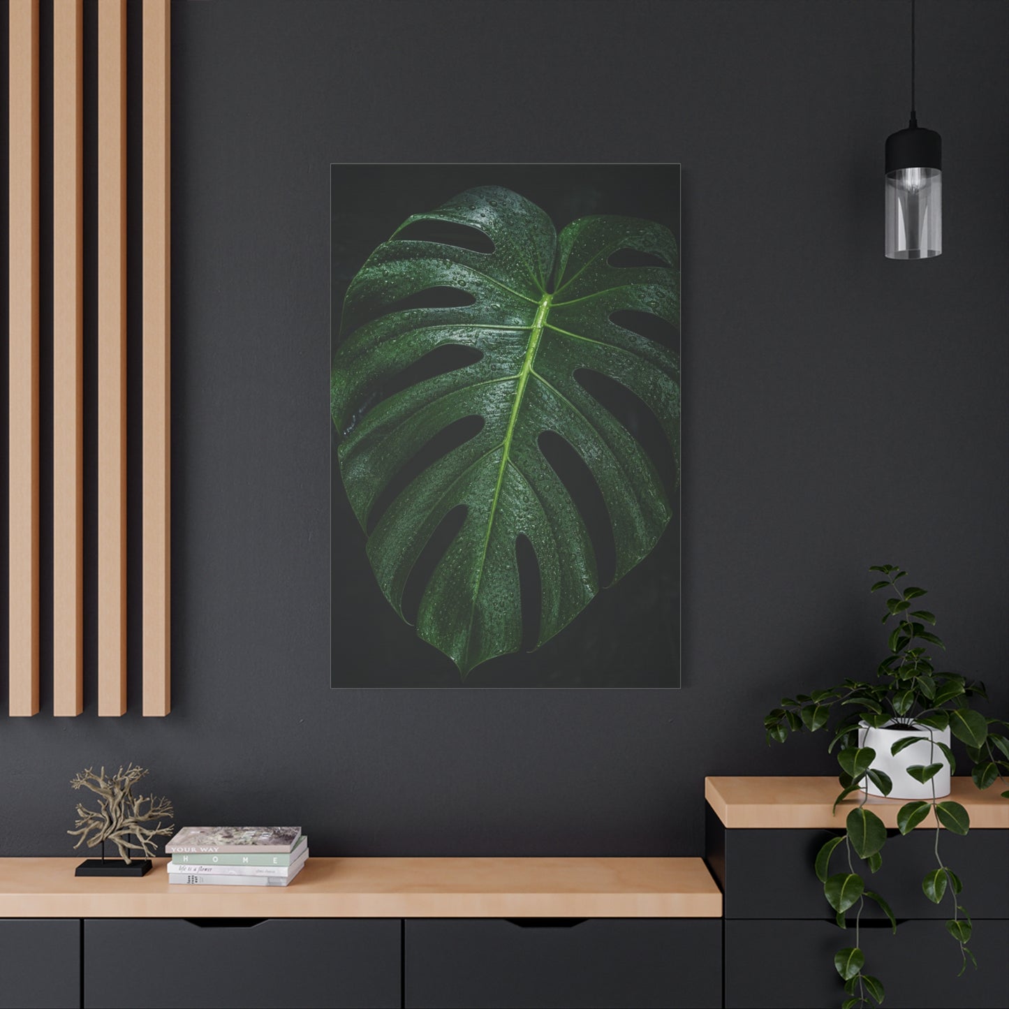 Monstera Leaf Canvas Wall Art - Botanical Art Print, Dark Green Tropical Foliage Print - Matte Cotton Canvas - Contemporary Minimalist Style - Living Room Wall Decor, Bedroom Home Accent