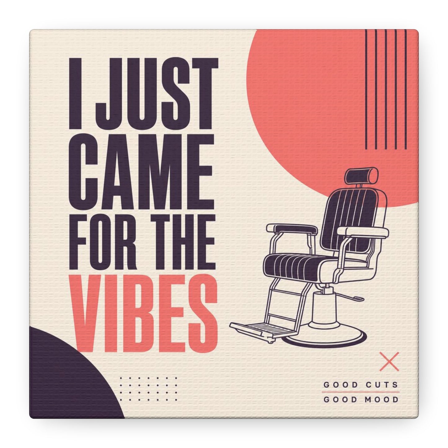 "I Just Came For The Vibes" Typography Canvas Wall Art - Barber Chair Line Illustration, Coral And Black Modern Salon Wall Decor - Minimalist Quote Print For Barbershop Lobby Workspace - Ready to Hang