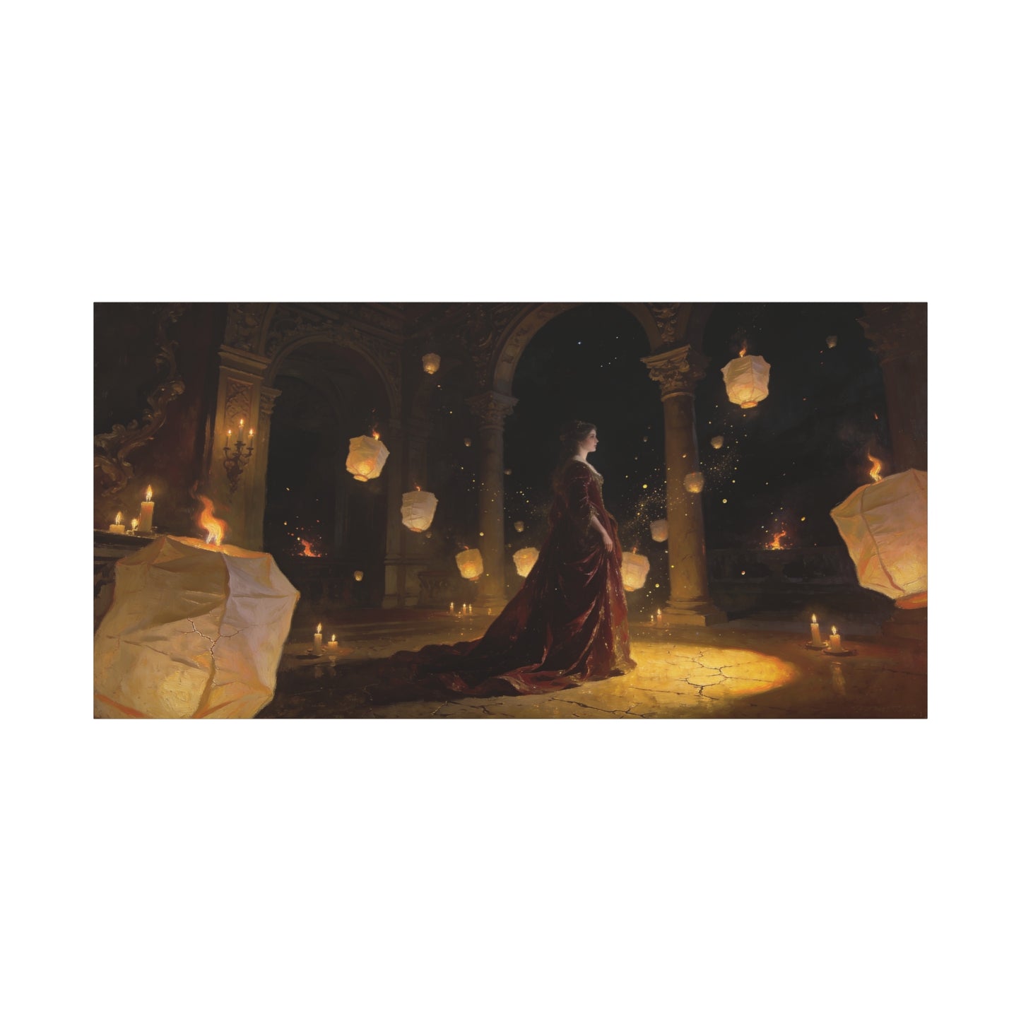 Woman In Candlelit Palace Canvas Wall Art - Floating Lantern Fantasy Scene, Dark Romantic Matte Canvas Print - Traditional Style, Living Room Wall Decor, Bedroom Home Accent - Bedroom Home Decoration