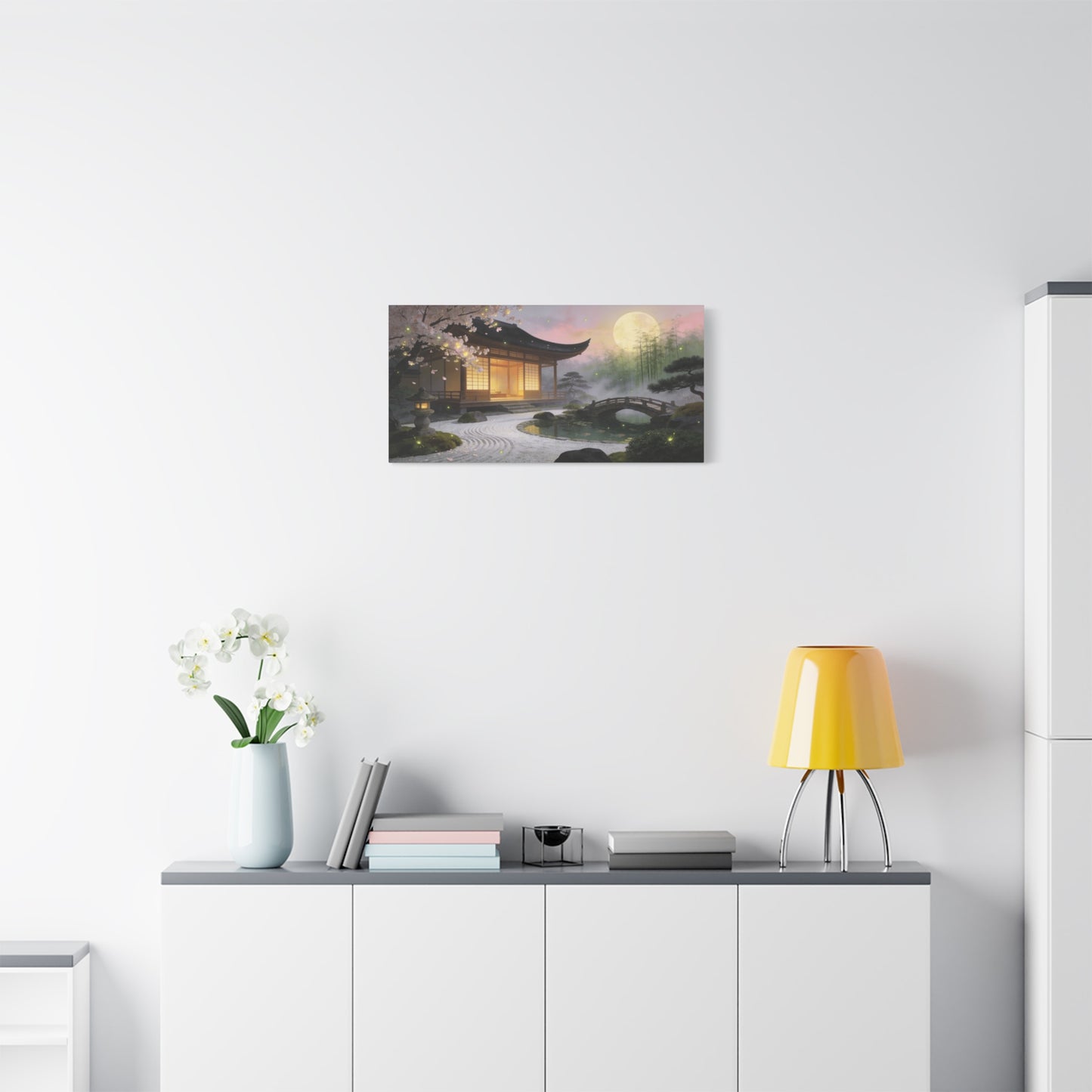Japanese Zen Garden Canvas Wall Art - Moonlit Temple, Cherry Blossoms, Bamboo Mist - Serene Landscape Canvas Print - Traditional Style, Bedroom Wall Decor, Meditation Space - Bedroom Home Decoration
