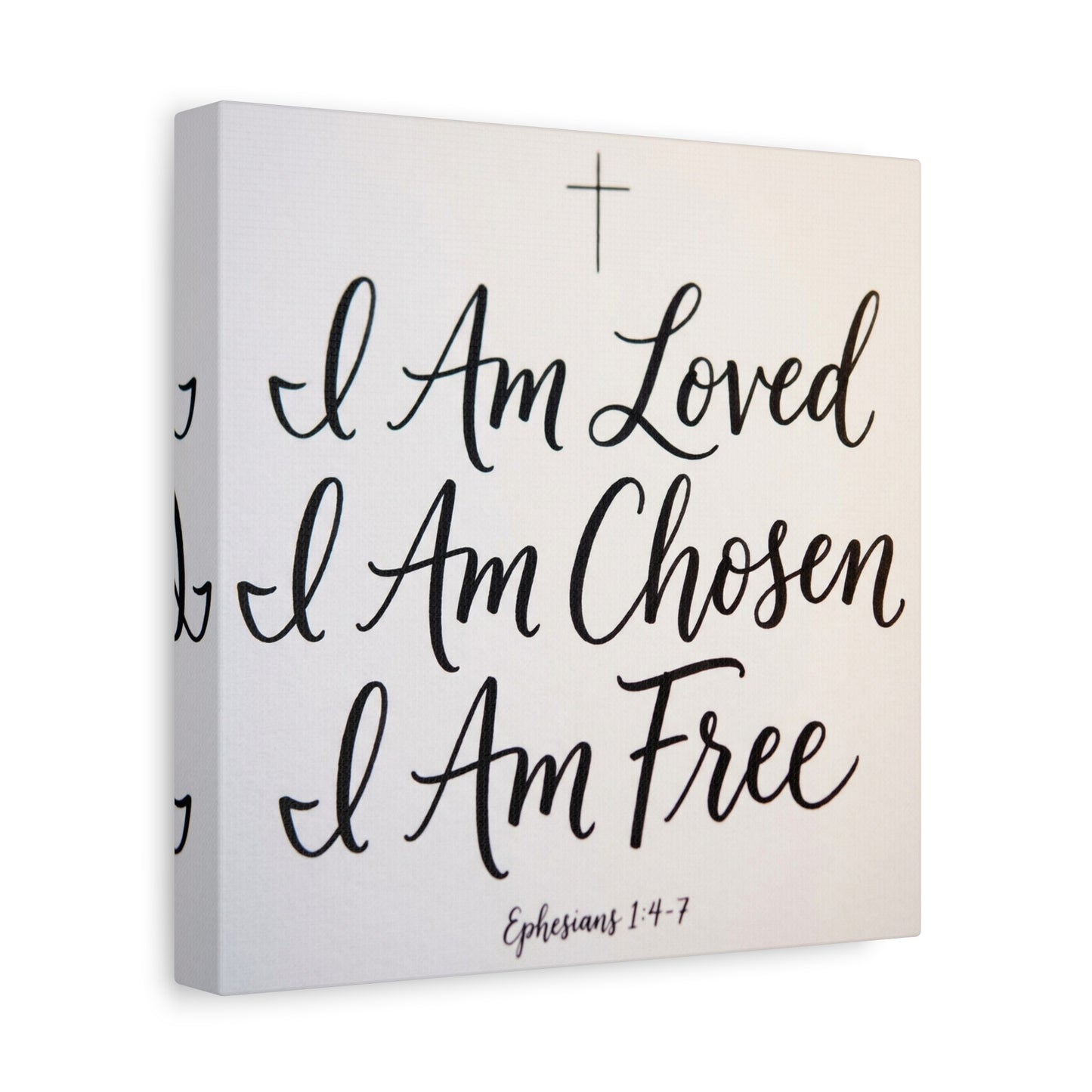 "I Am Loved, Chosen, Free" Christian Canvas Wall Art - Ephesians 1:4-7 Scripture Cross Print - Neutral Typography Decor - Bedroom Home Decoration, Living Room Wall Decor - Ready to Hang
