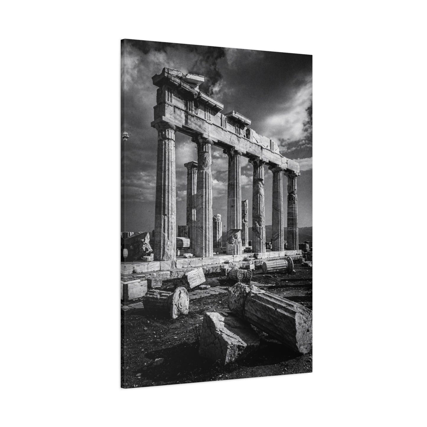 Ancient Greek Temple Ruins Canvas Wall Art - Black And White Architectural Art Print, Dramatic Sky, Vintage Classical Style - Living Room Wall Decor, Office Art Accent - Modern Farmhouse Style
