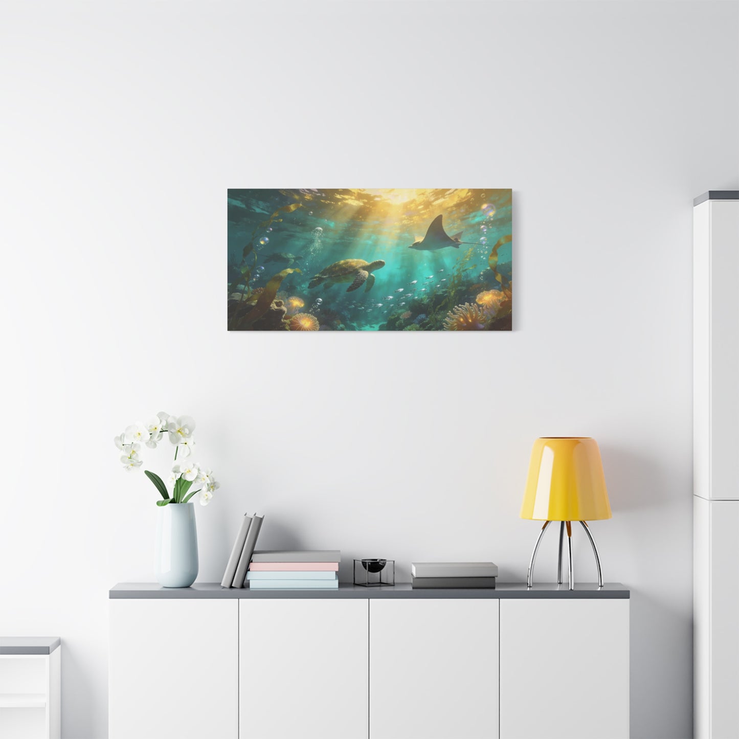 Sea Turtle And Stingray Canvas Wall Art - Sunlit Underwater Ocean Scene, Coral Reef Marine Life, Matte Cotton Print - Coastal Style, Living Room Wall Decor, Bedroom Home Decoration - Ready to Hang