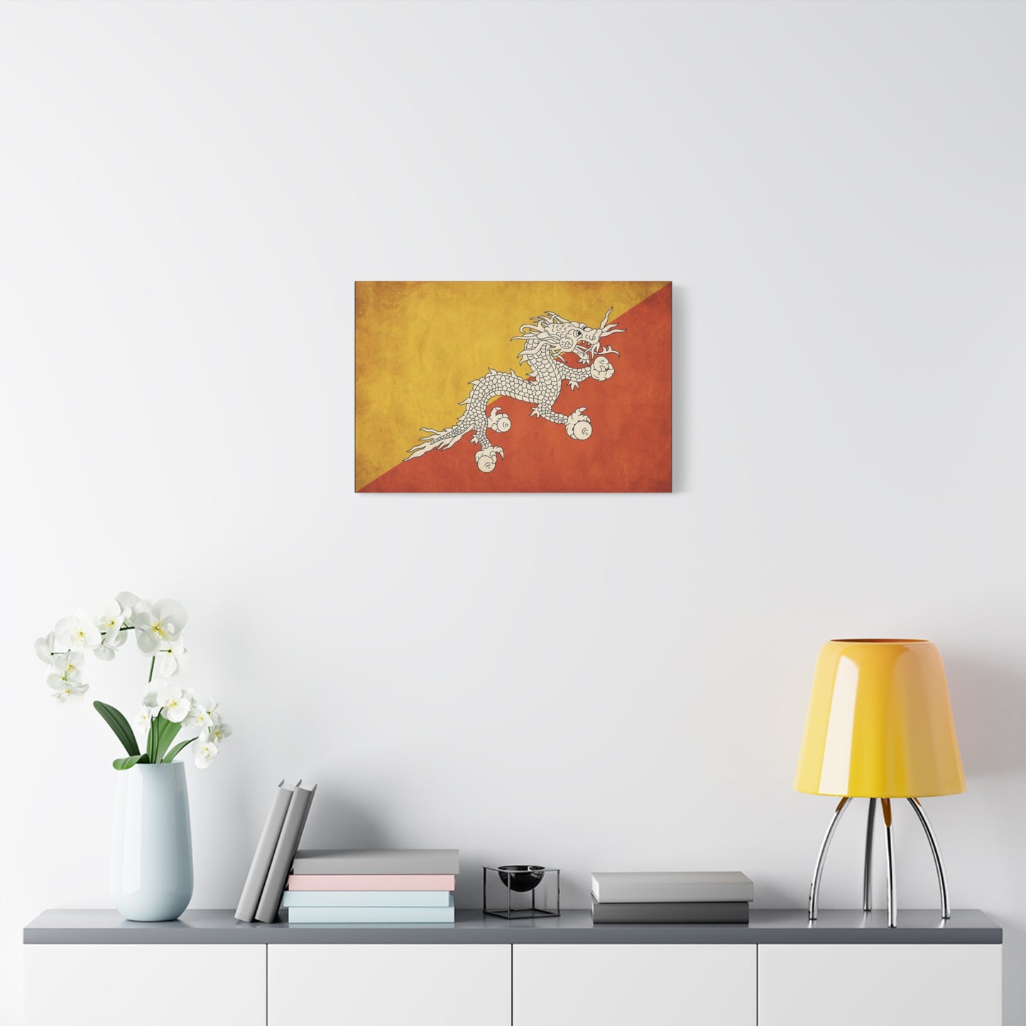 Bhutan Flag Dragon Canvas Wall Art - White Druk On Yellow Orange Field - Vintage Textured Print, Cultural Wall Decor, Living Room Home Decoration - Modern Farmhouse Style - Bedroom Home Decoration