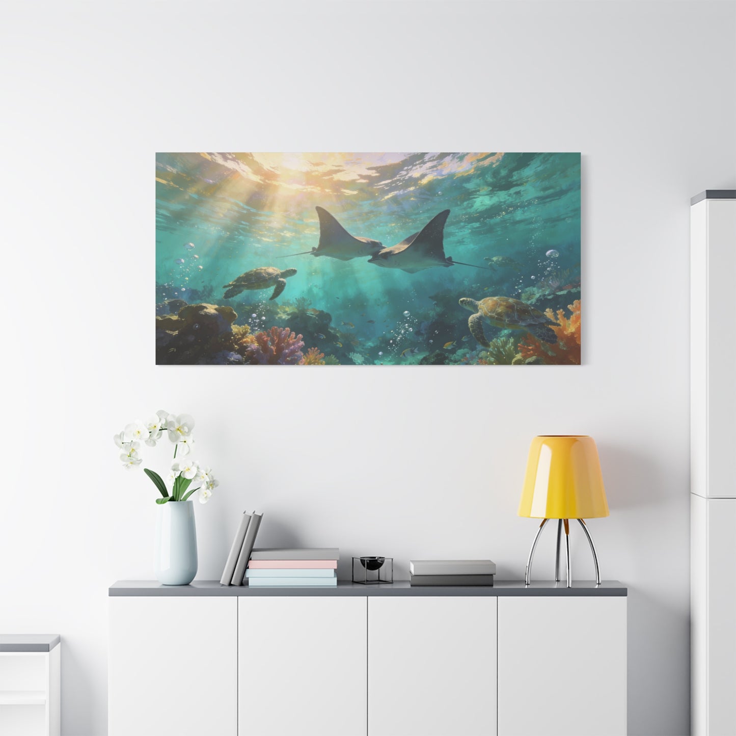 Manta Ray And Sea Turtle Canvas Wall Art - Underwater Ocean Reef Scene, Coastal Wall Decor - Matte Cotton Canvas Print - Contemporary Seascape Style - Living Room Bedroom Office - Ready to Hang