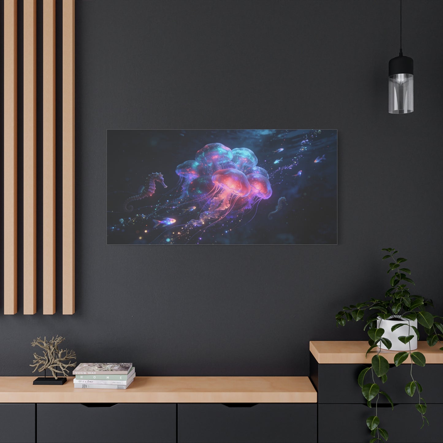Glowing Jellyfish Canvas Wall Art - Luminous Underwater Sea Life, capiz shells wall decor - Dreamy Ocean Fantasy Cotton Canvas Print - Contemporary Bedroom Living Room Decor - Bedroom Home Decoration