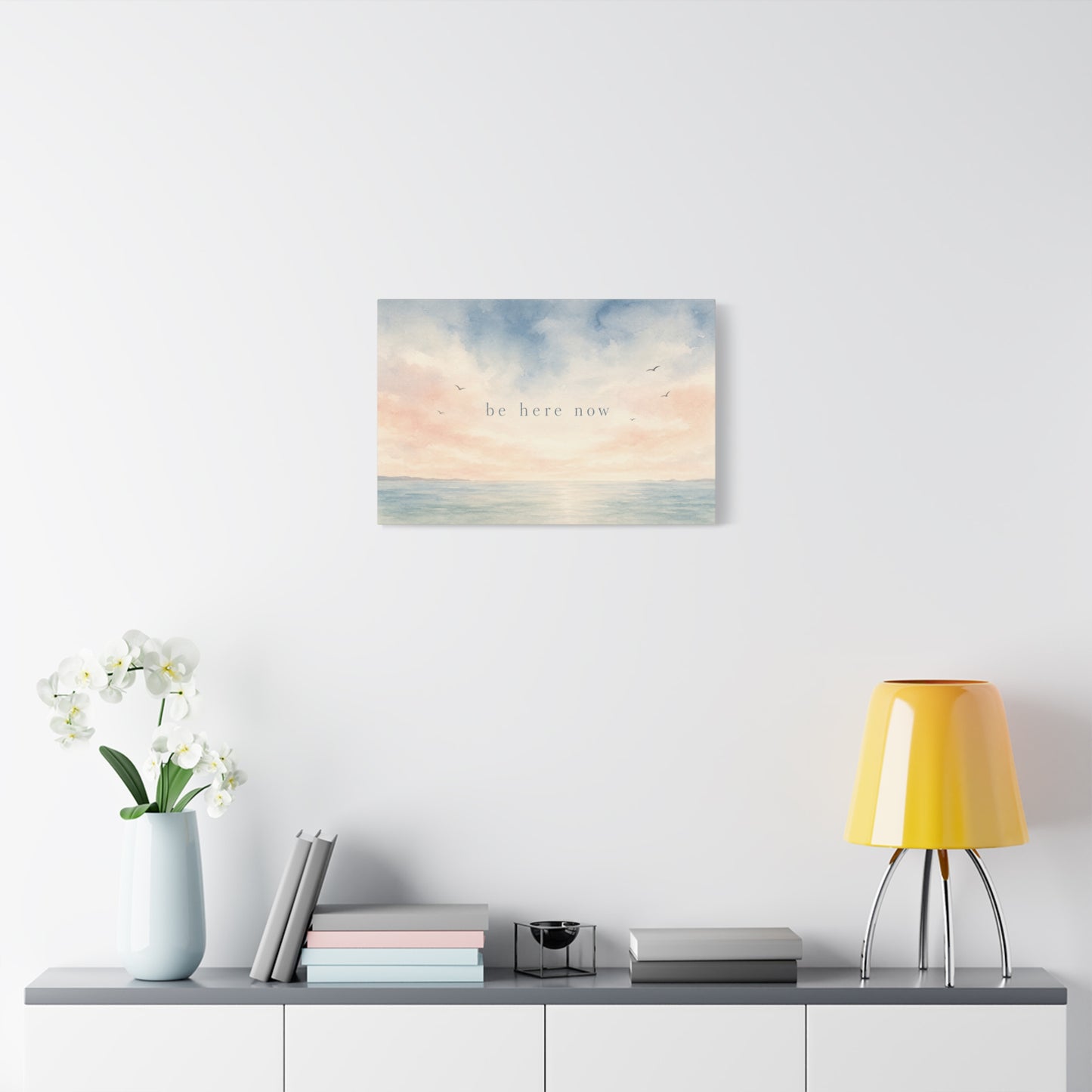 "Be Here Now" Coastal Canvas Wall Art - Pastel Ocean Seascape With Birds - Minimalist Inspirational Wall Decor - Serene Bedroom Home Decoration - Meditation Space Office Art - Bedroom Home Decoration