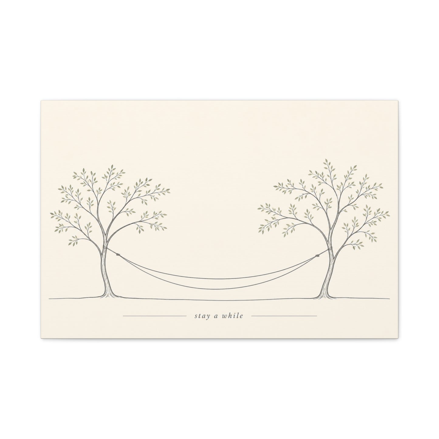 "Stay A While" Hammock Between Trees Canvas Wall Art - Minimalist Botanical Line Drawing, Neutral Beige Cotton Canvas Print - Bedroom Wall Decor, Living Room Home Decoration - Bedroom Home Decoration