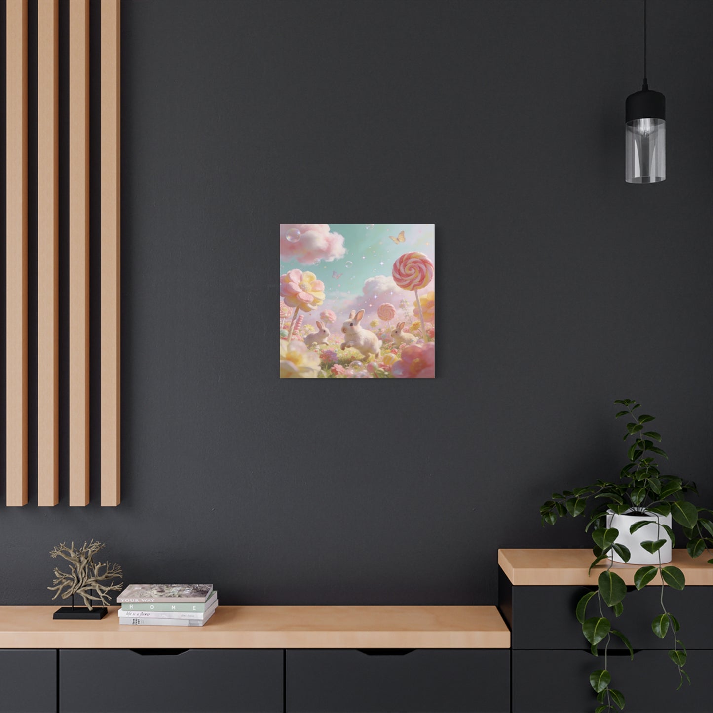 Bunny Candyland Canvas Wall Art - Pastel Rabbit Meadow, Lollipop Flowers, Dreamy Nursery Wall Decor - Whimsical Illustration - Bedroom Home Decoration, Kids Room Accent - Bedroom Home Decoration